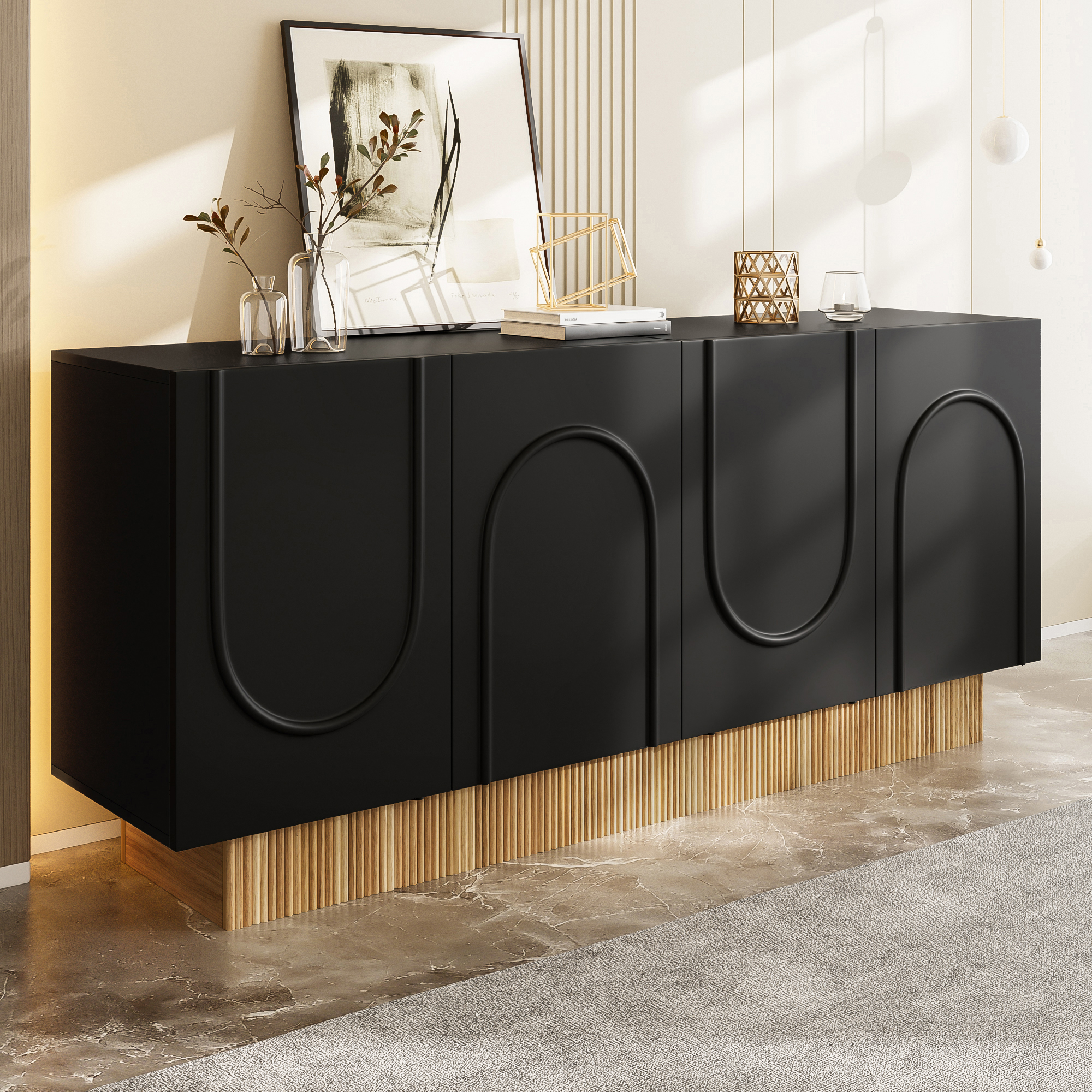 Buffet Moderne 4 Portes Noir, Meuble de Rangement Salon 160x75x38 cm, Grand Compartiment Stockage Organisé