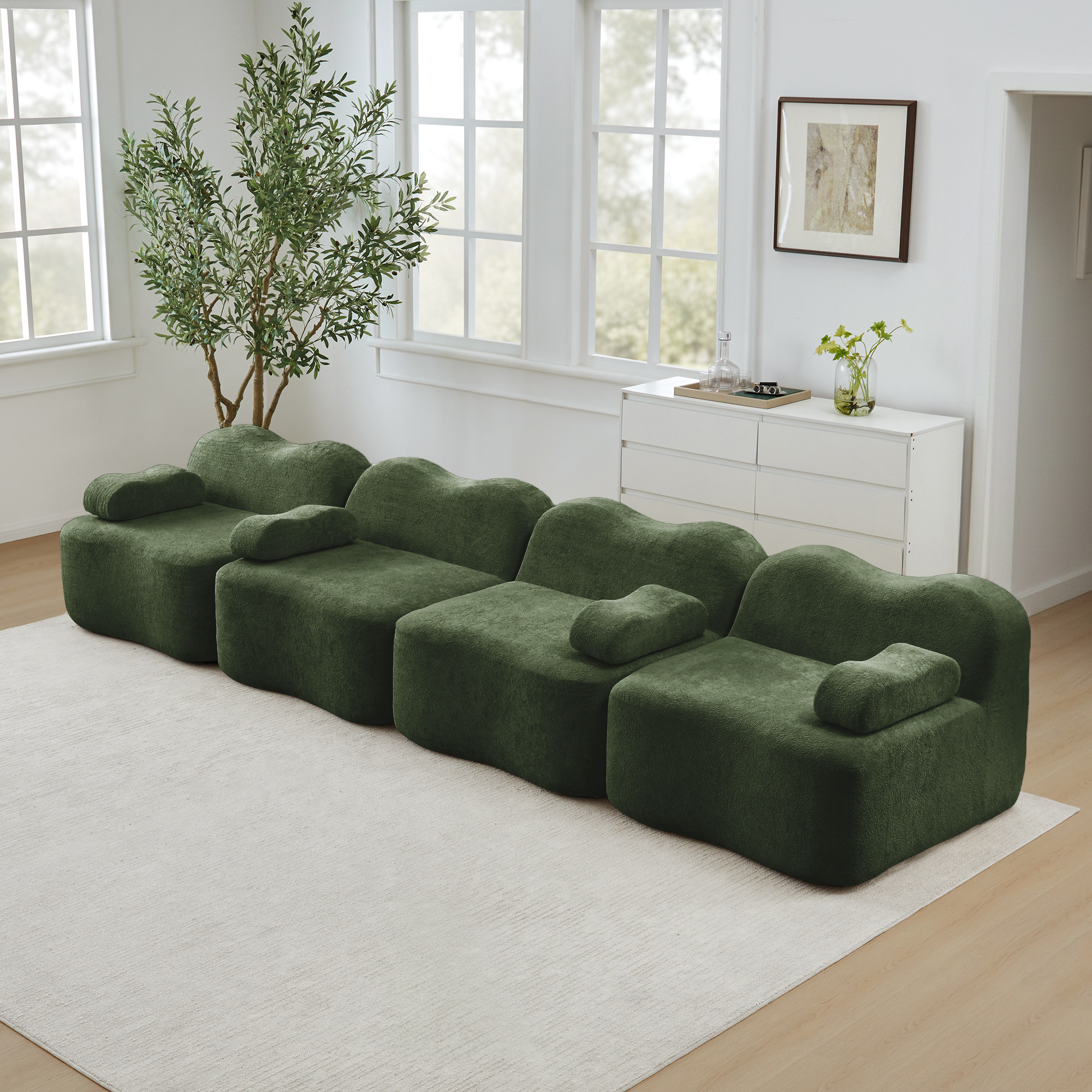 Canapé Modulable 4 Places Vert, Dimensions 384x98x70 cm, Structure Sans Ossature avec Coussins d'Accoudoirs Mobiles