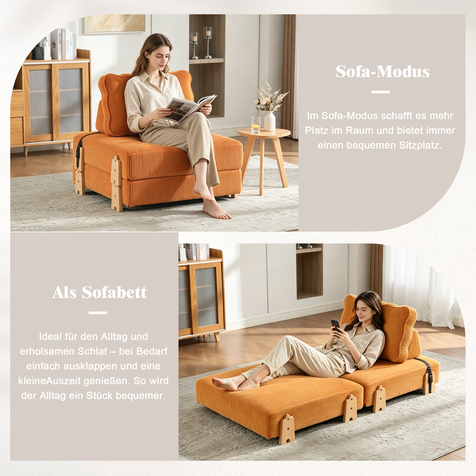 Lit rembourré convertible en lit plat 90x170 cm avec dossier ergonomique et pieds en bois clair