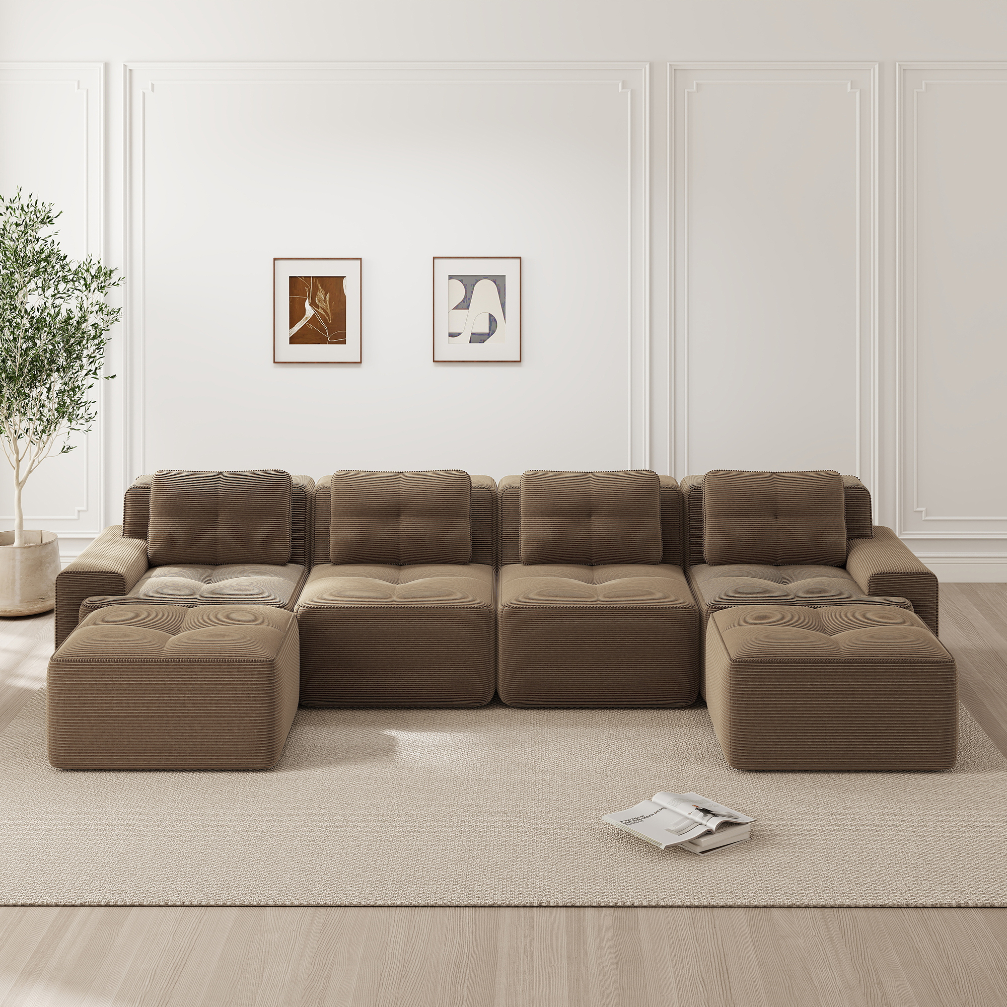 Canapé d'angle modulable 4 places en velours côtelé brun, design panoramique avec méridienne et coffre intégré, style contemporain