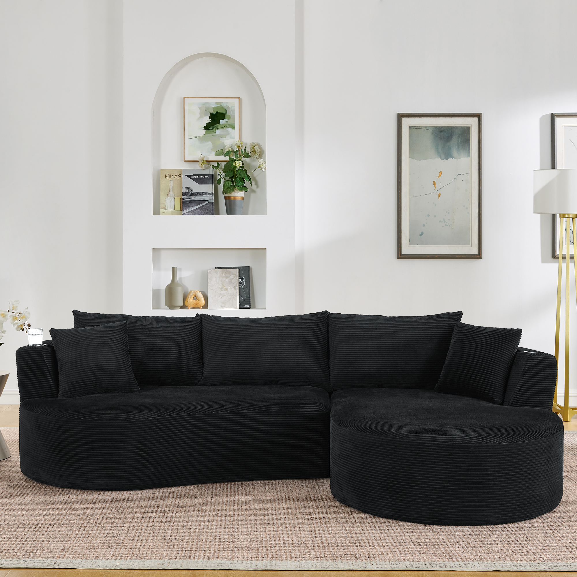 Méridienne Noire Design Contemporain Courbé Tissu Côtelé Avec Portes-Gobelets Pour Appartement Hôtel