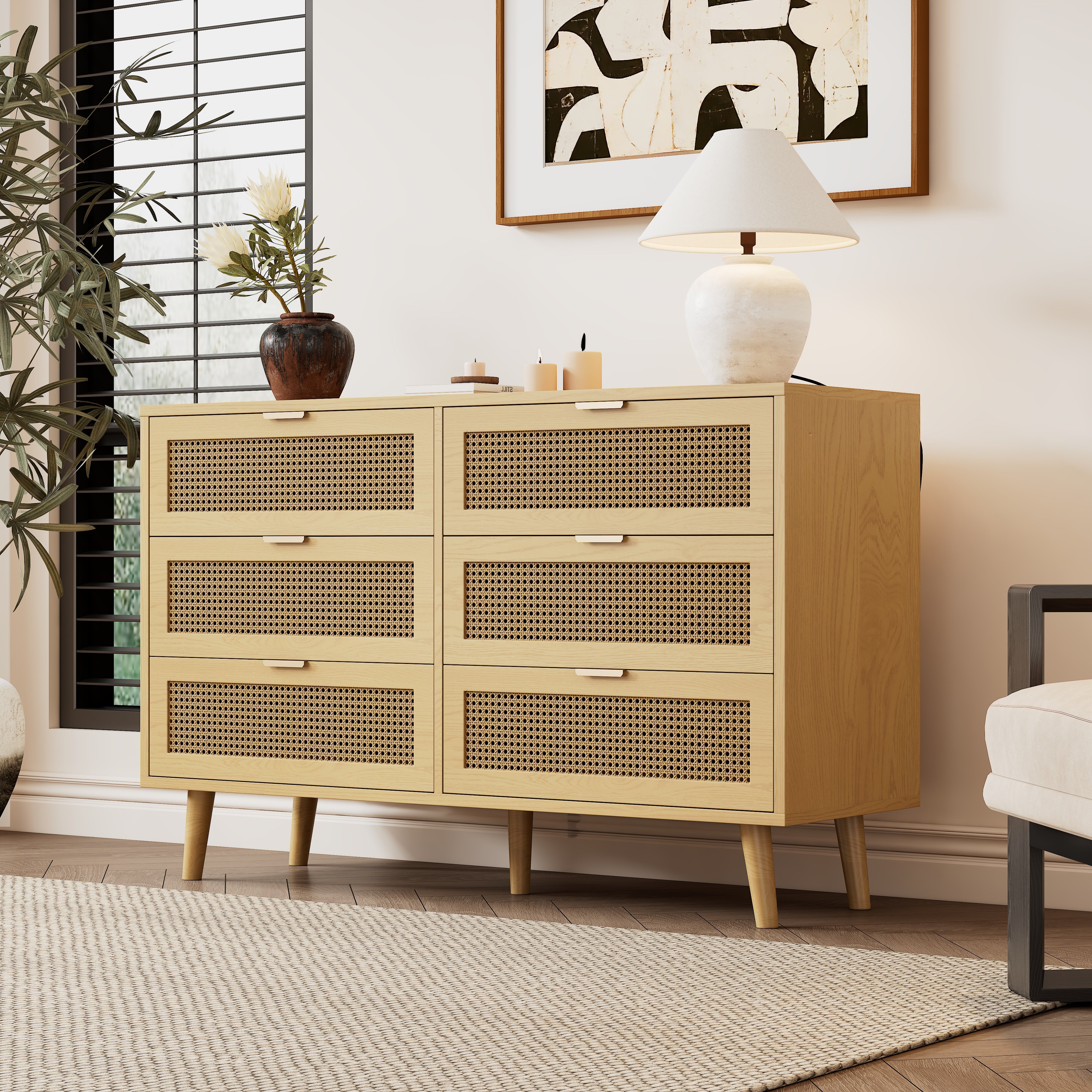 Buffet 6 tiroirs style rattan 120x76,5 cm Meuble rangement haute capacité avec poignées métal pour décoration intérieure