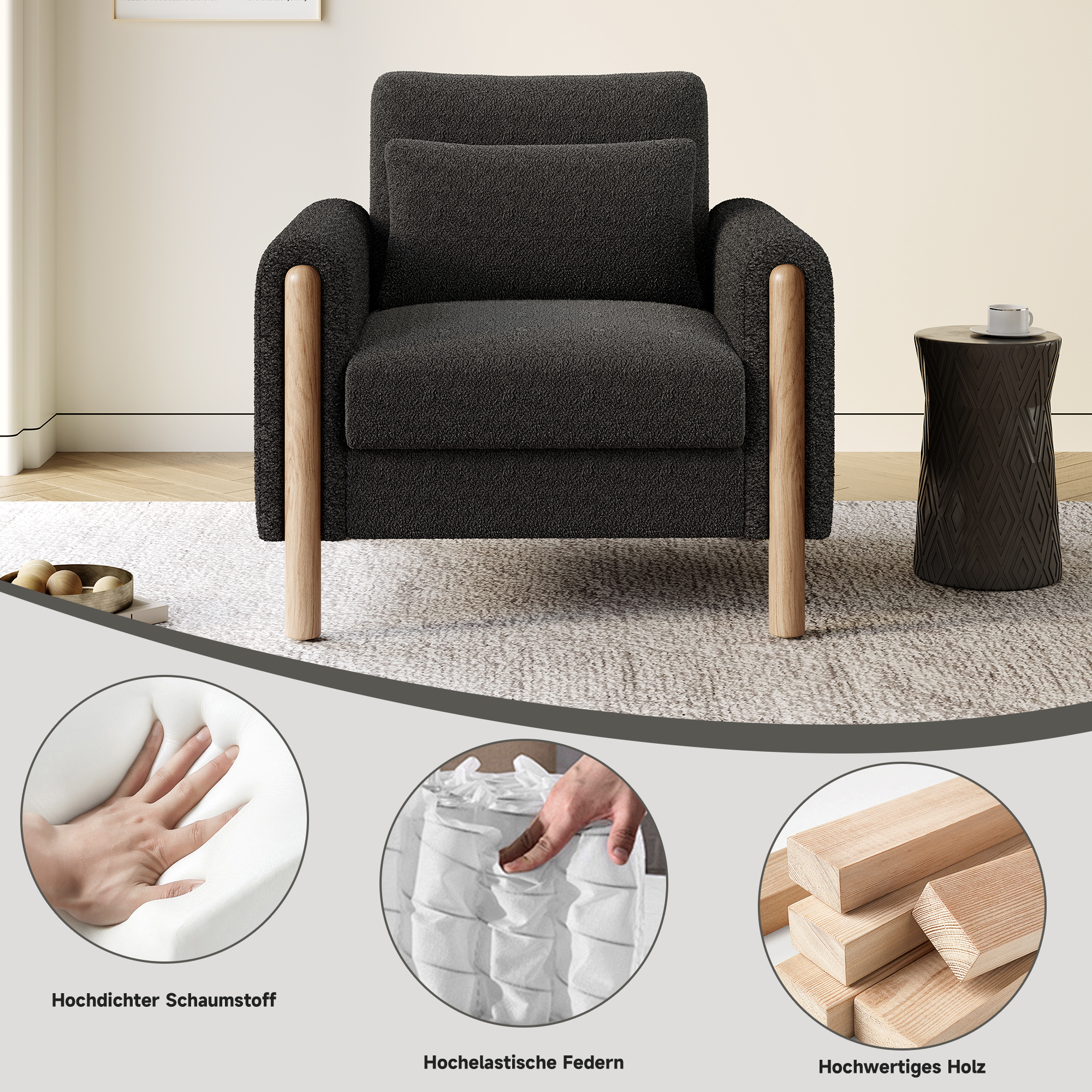 Canapé 1 place en teddy gris foncé avec coussin épais et accoudoirs, assise haute densité 87x83x88,5 cm