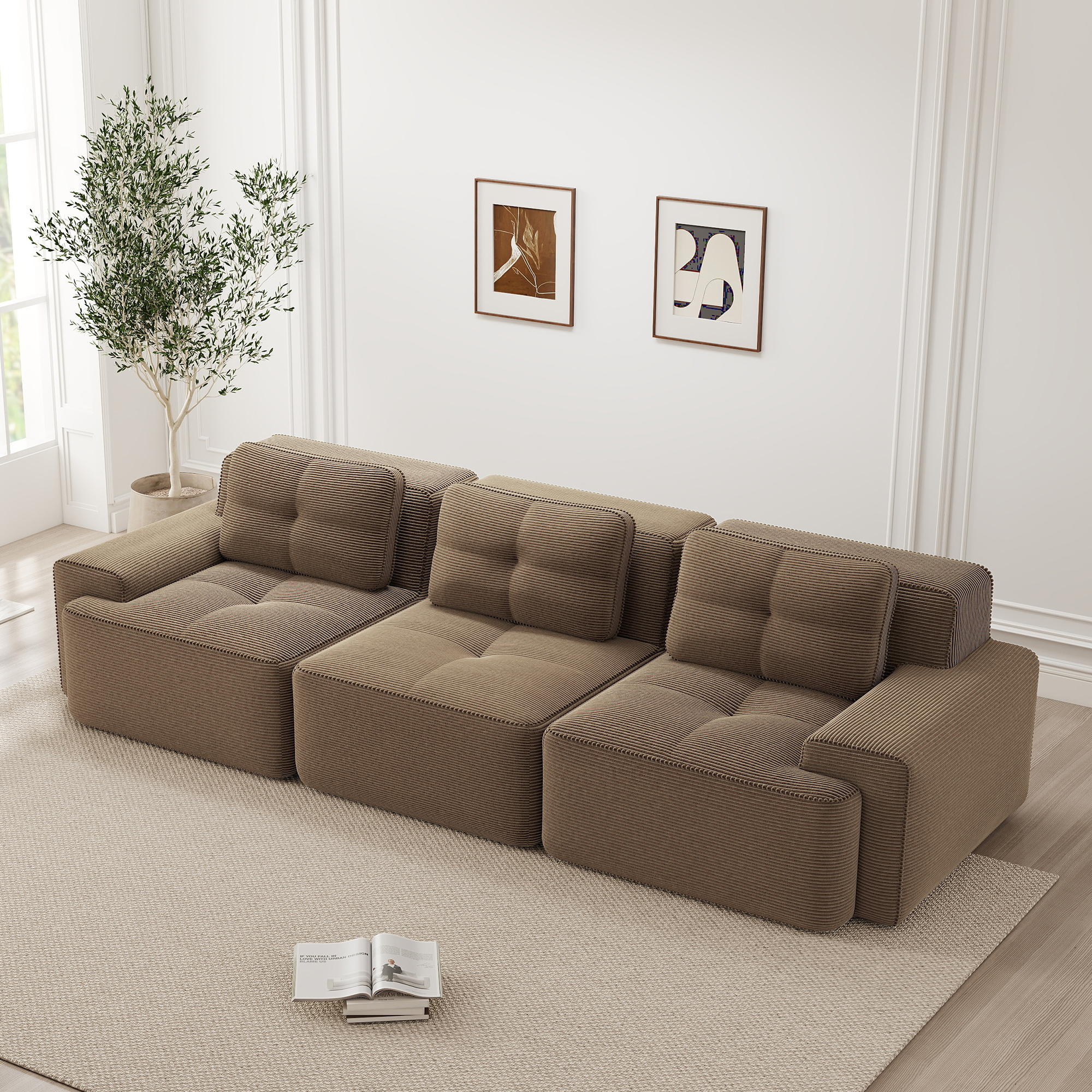 Canapé modulable d'angle sans pieds avec assise profonde et tissu velours côtelé marron résistant aux griffes pour salon moderne