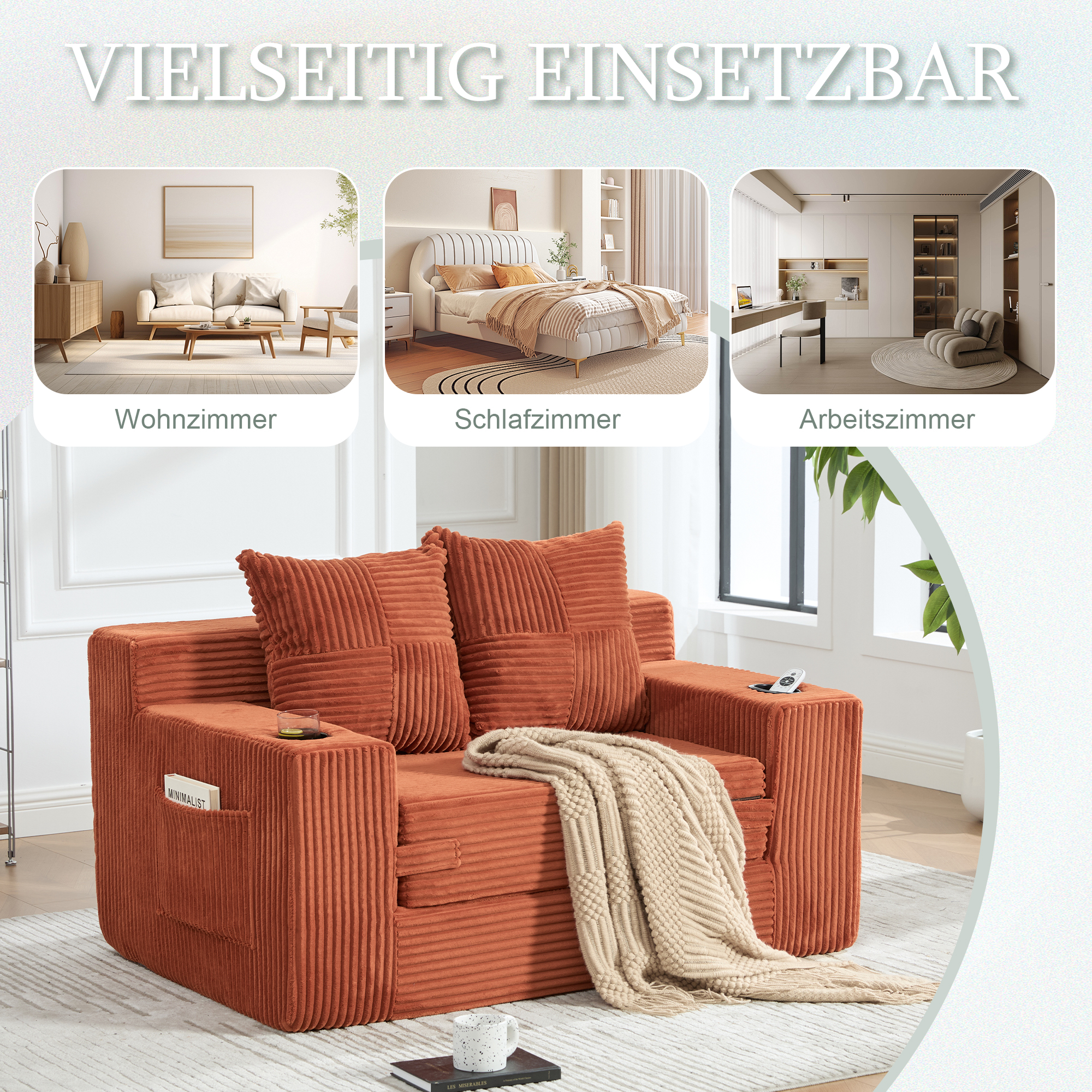Canapé Droit Moderne Orange en Velours Côtelé avec Coussins et Rangement Latéral Intégré pour Salon Contemporain