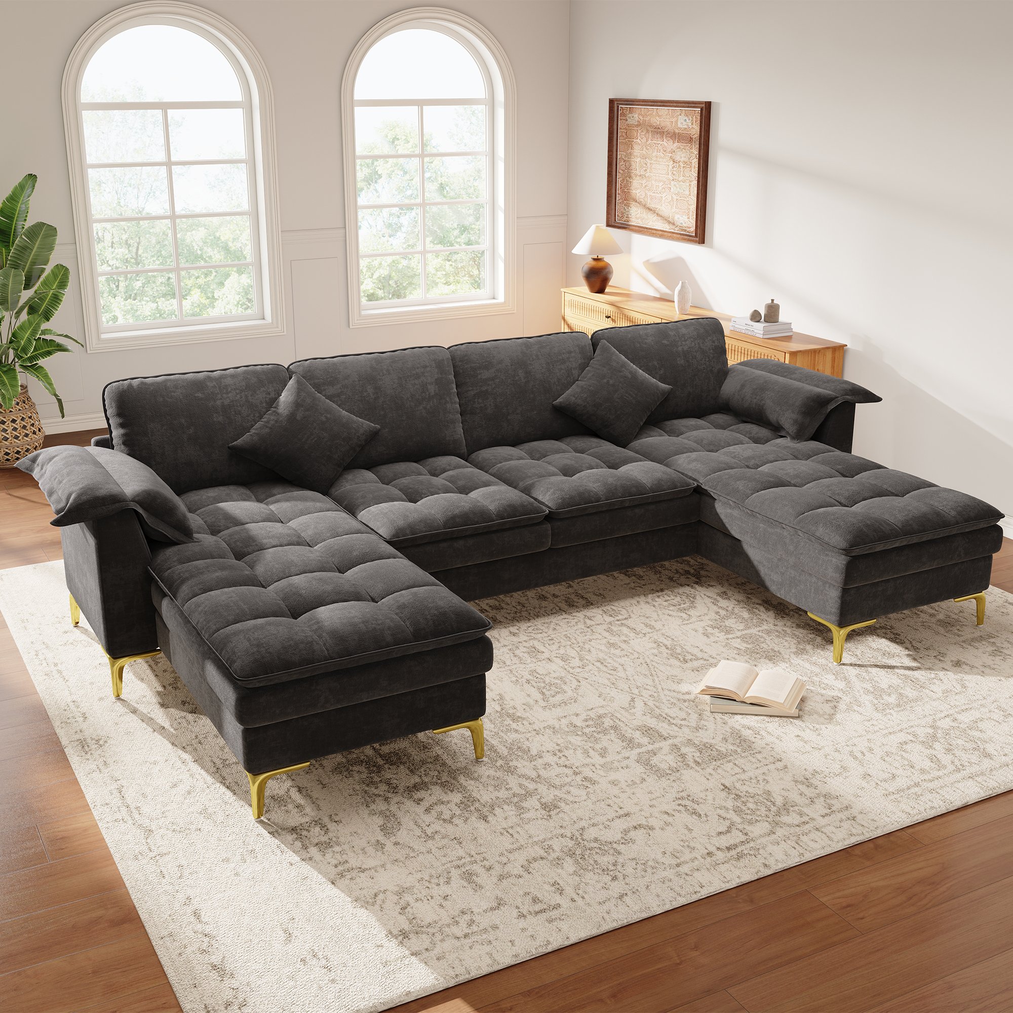 Canapé d'angle en U 4 places gris chenille, structure modulaire avec 2 chaises longues et coussins double densité pour salon moderne