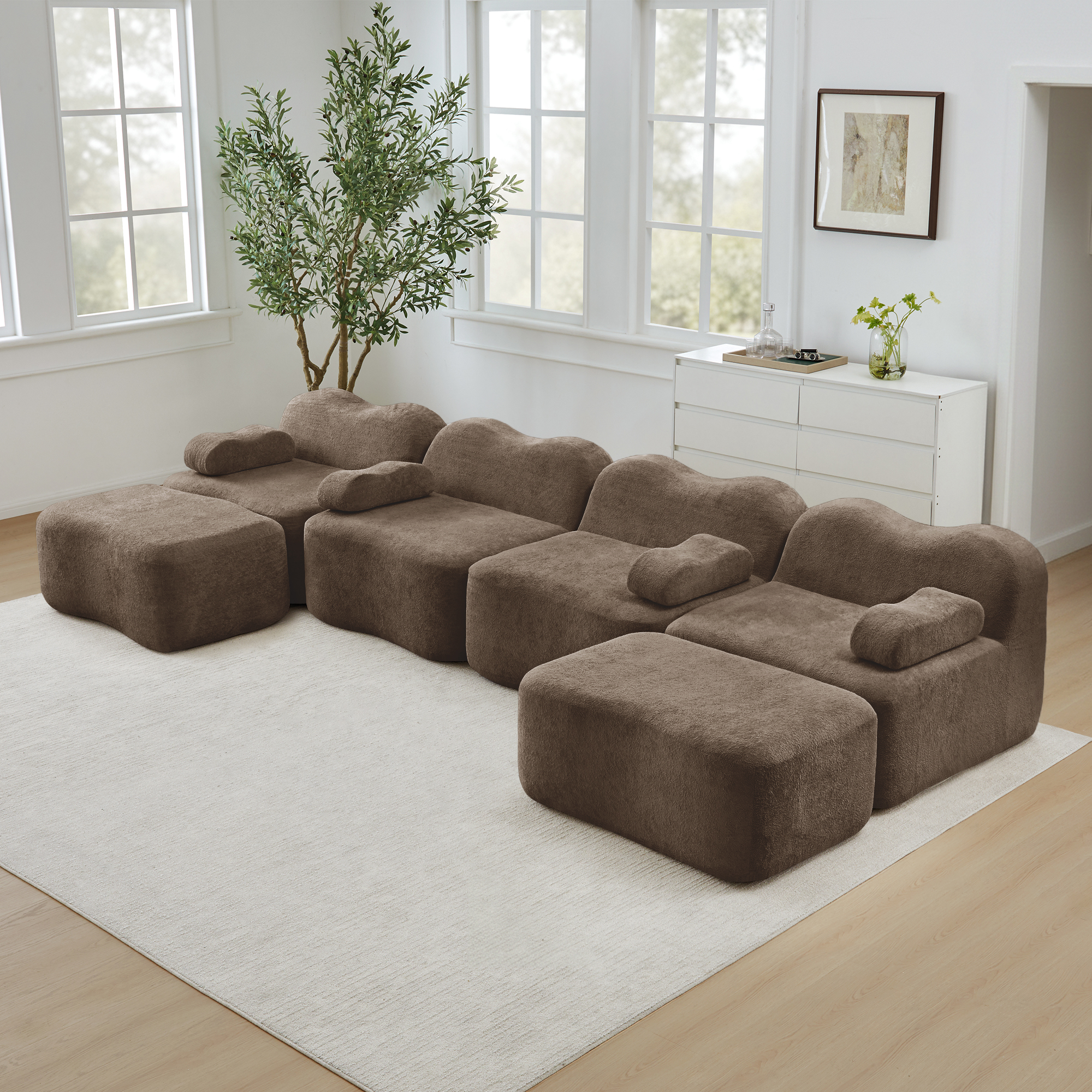 Canapé Modulable 4 Places En U Avec 2 Ottomans, Canapé Panoramique Sans Ossature En Velours Marron Pour Salon Moderne