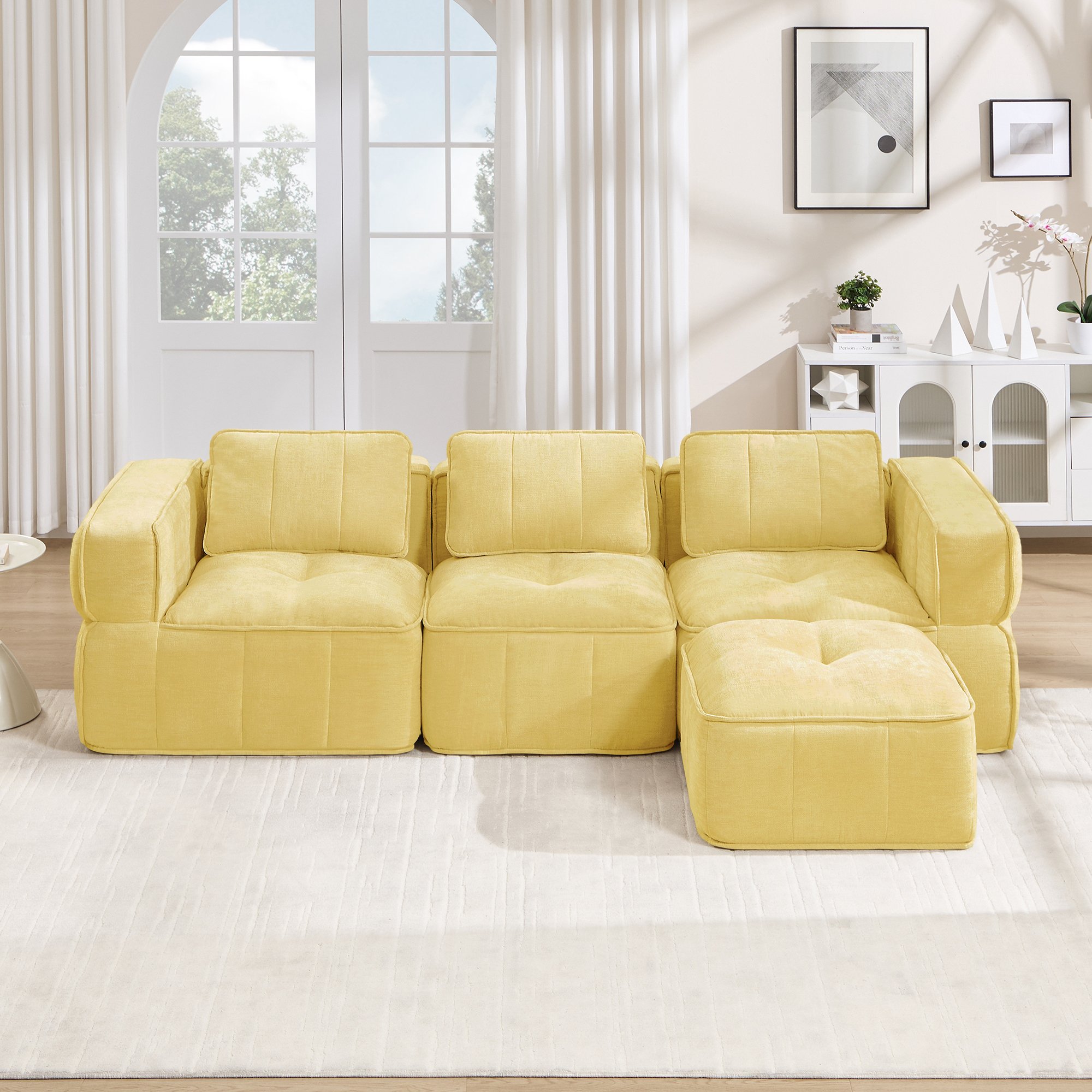 Ensemble canapé modulable jaune sans cadre avec pouf, tissu polyester anti-abrasion, livré en 4 colis, prêt à l'emploi