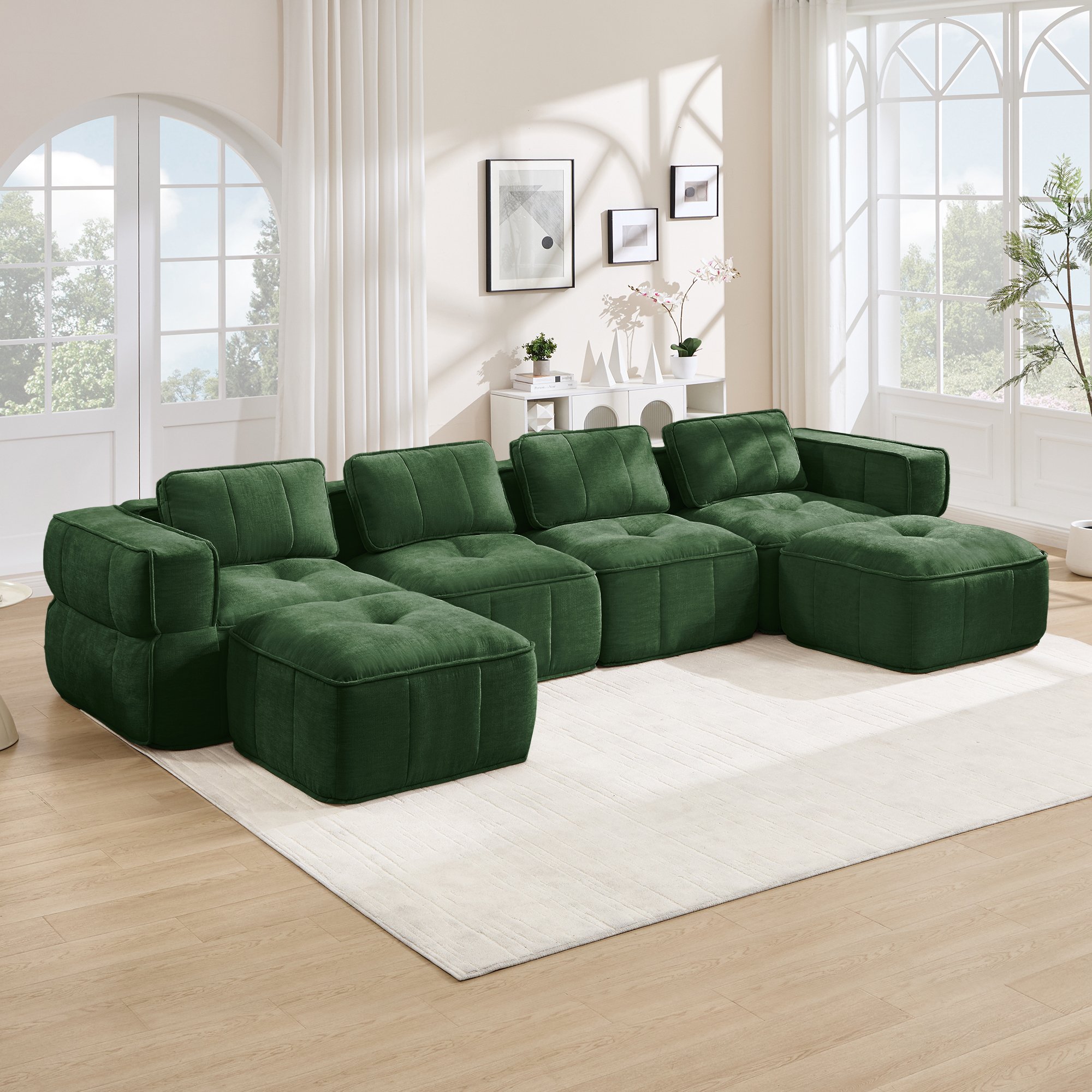Canapé Modulable 4 Places Vert en Tissu Polyester, Mousse Haute Densité 32D, Sans Montage, pour Salon Moderne
