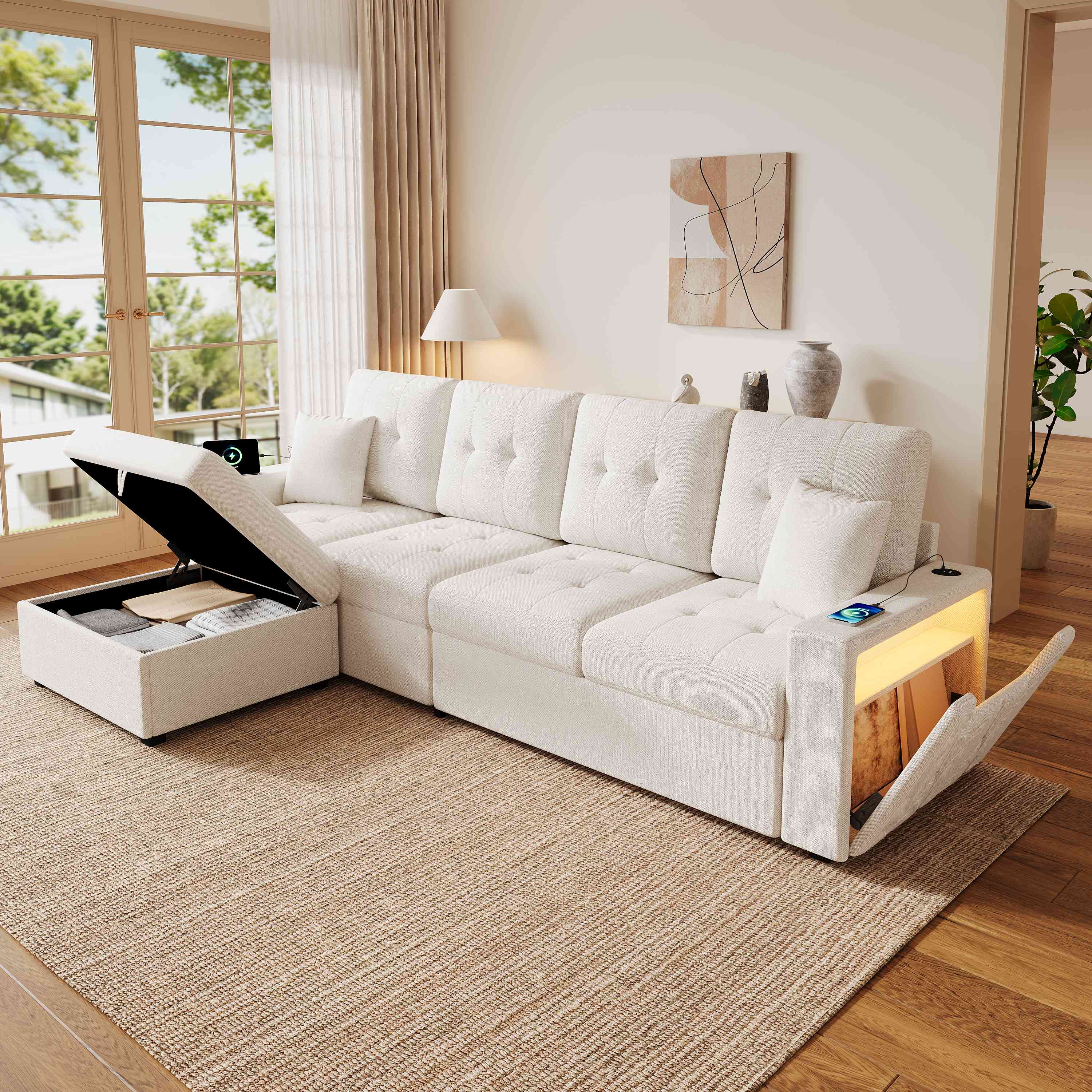Canapé d'angle beige avec pouf amovible à rangement caché, lumière LED pilotée par app et connecteurs USB Type-C intégrés