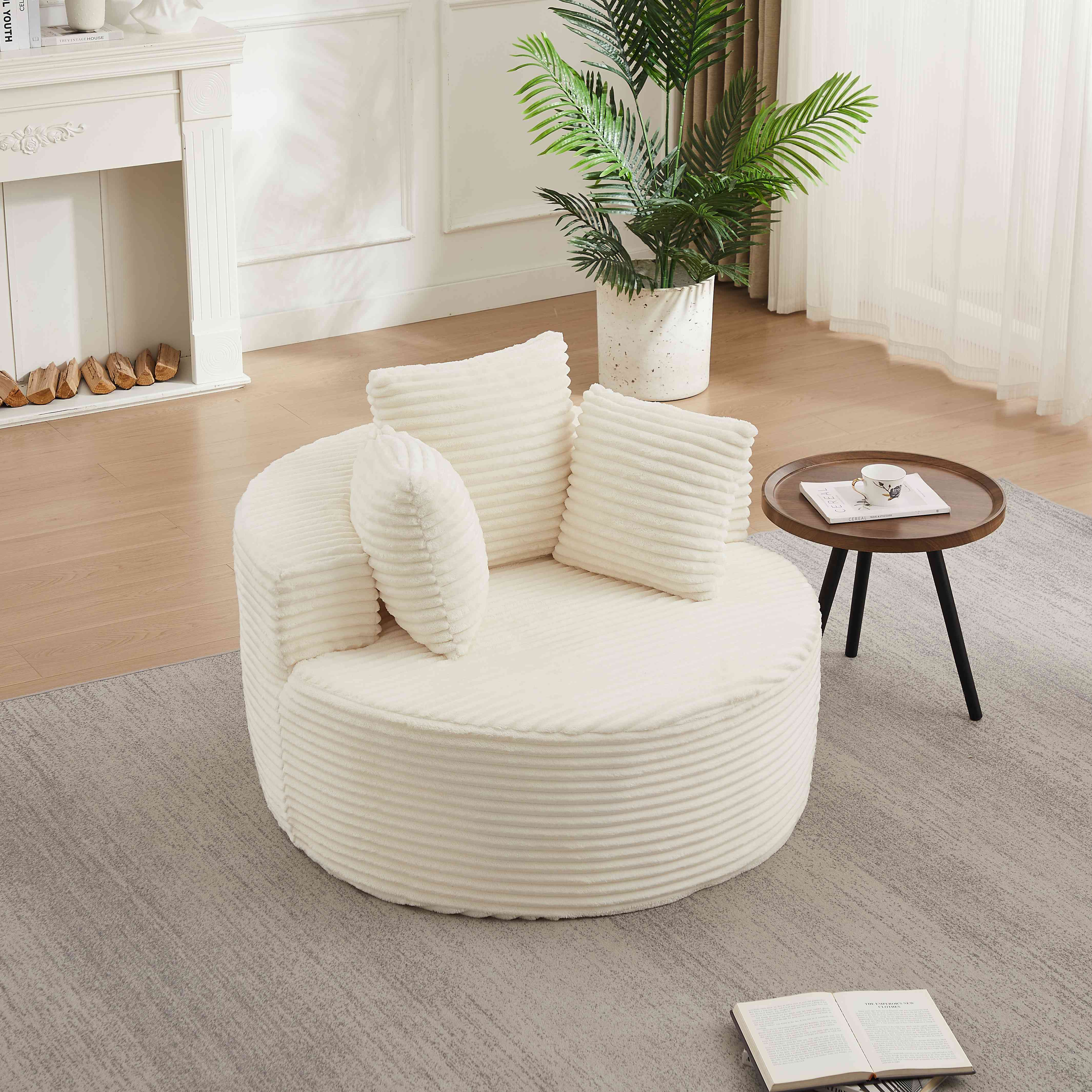 Fauteuil rond diamètre 110 cm, canapé une place beige en corduroy, poids 16,3 kg, livré compressé avec 3 coussins inclus