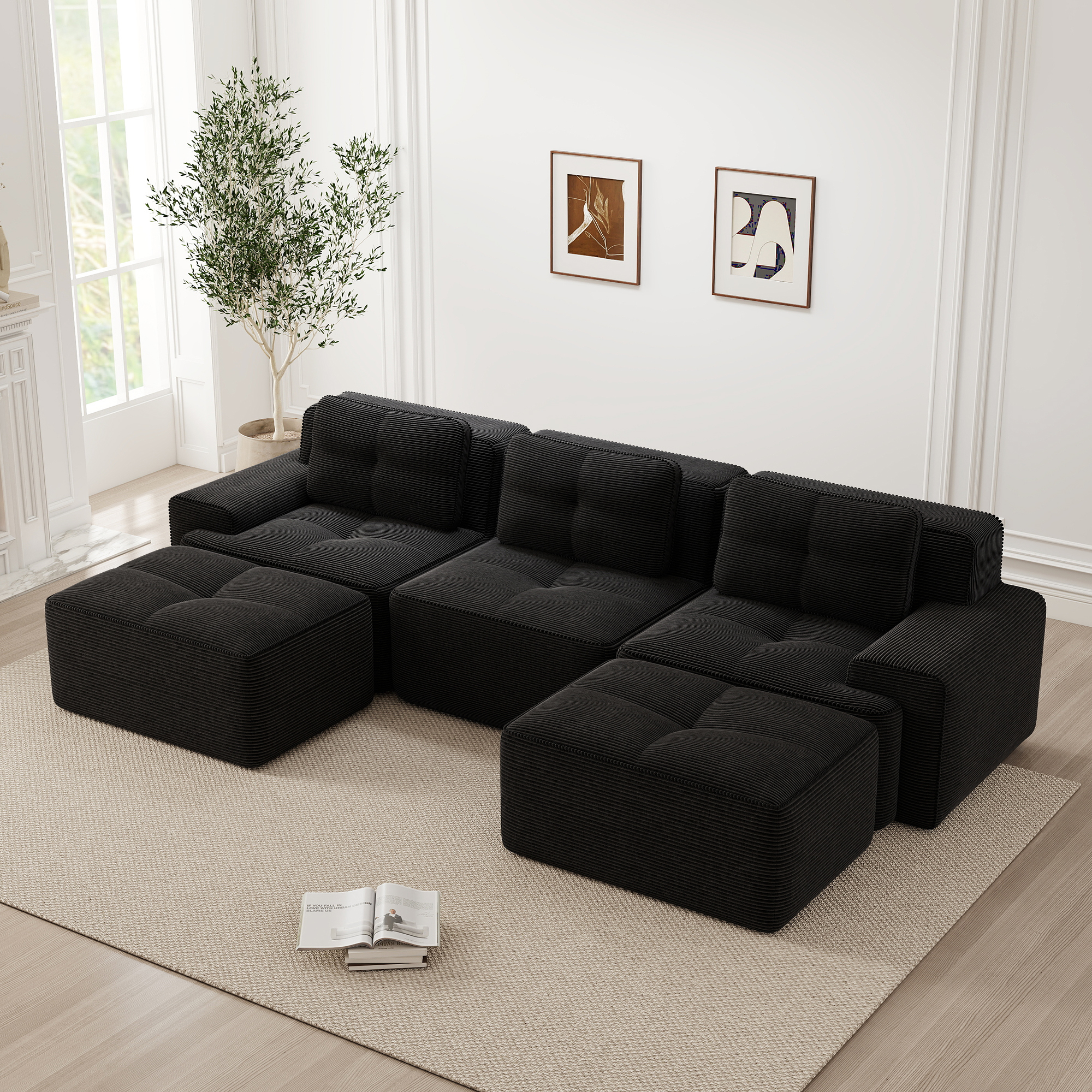 Canapé Modulable 3 Places Noir, Canapé Panoramique En U Avec Ottoman, Revêtement Côtelé, Design Sans Pieds Pour Salon Moderne