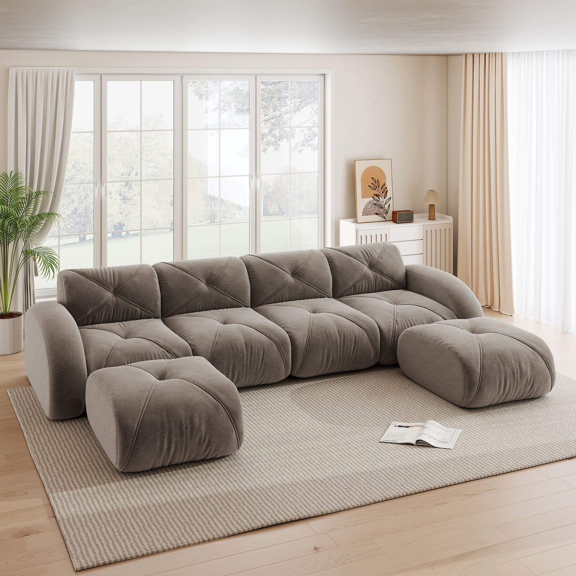 Canapé modulable panoramique 4 places en tissu Chenille taupe, design sans dossier avec 2 poufs, idéal salon moderne