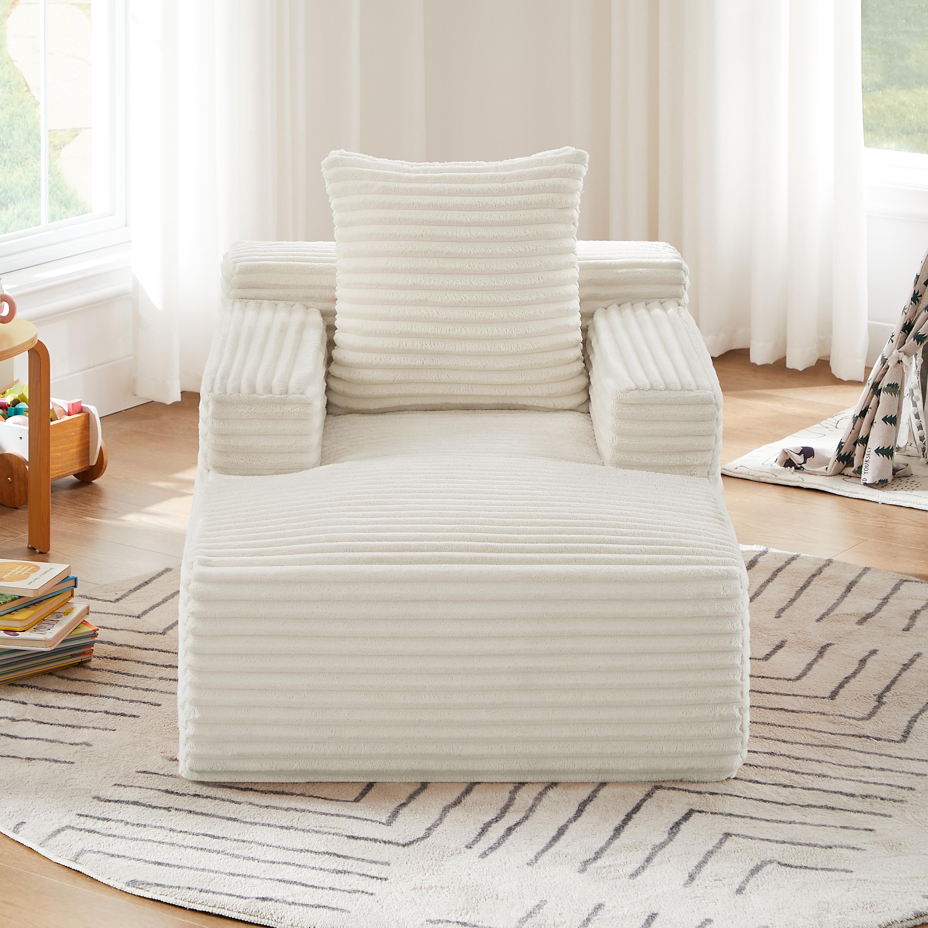 Chaise longue sans montage en velours côtelé beige, canapé relax moderne pour salon et bureau, coussins mousse haute densité inclus, poids 13 kg, style contemporain élégant et compact.