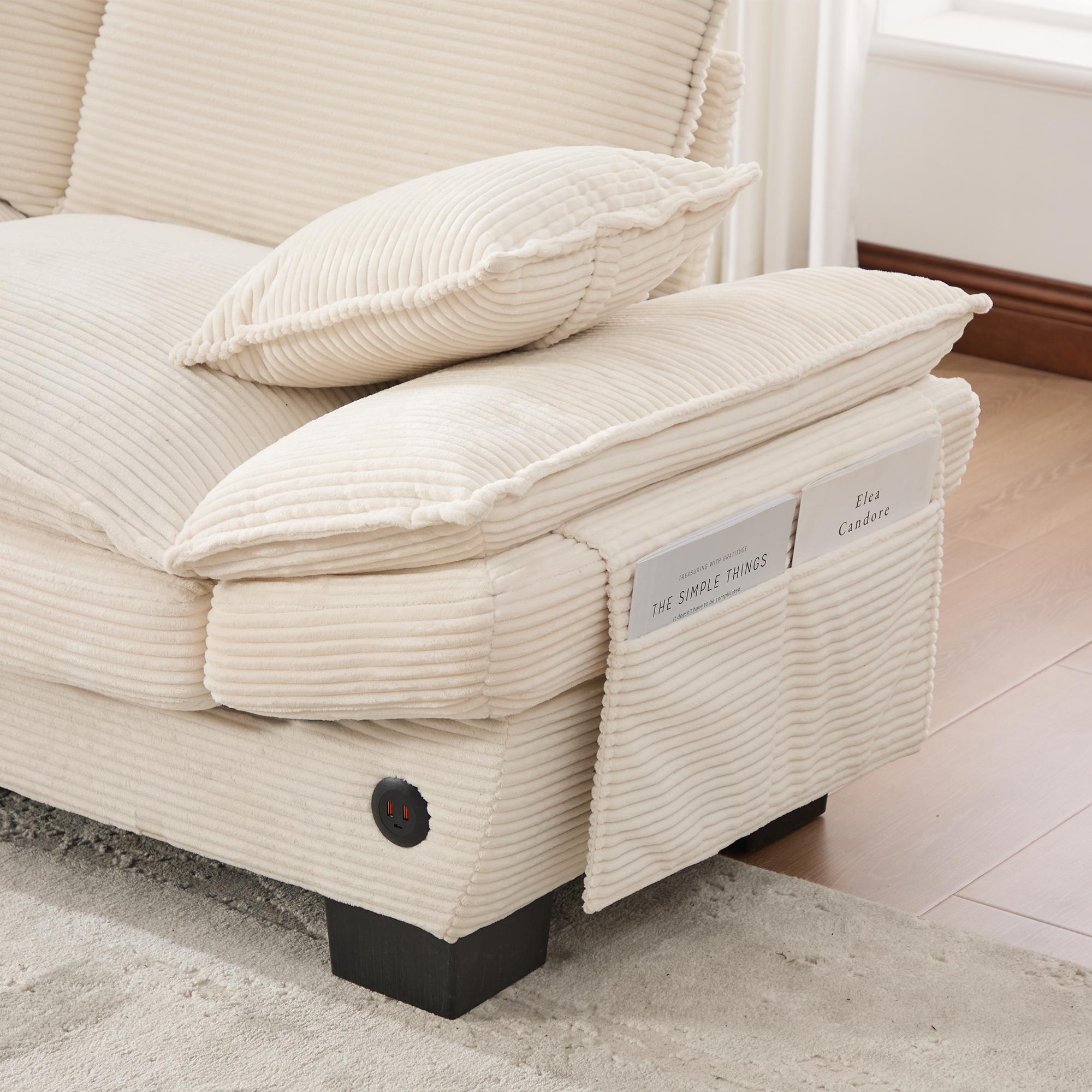 Canapé d'angle modulable 3 places en velours côtelé beige avec hocker, USB-C et poches latérales