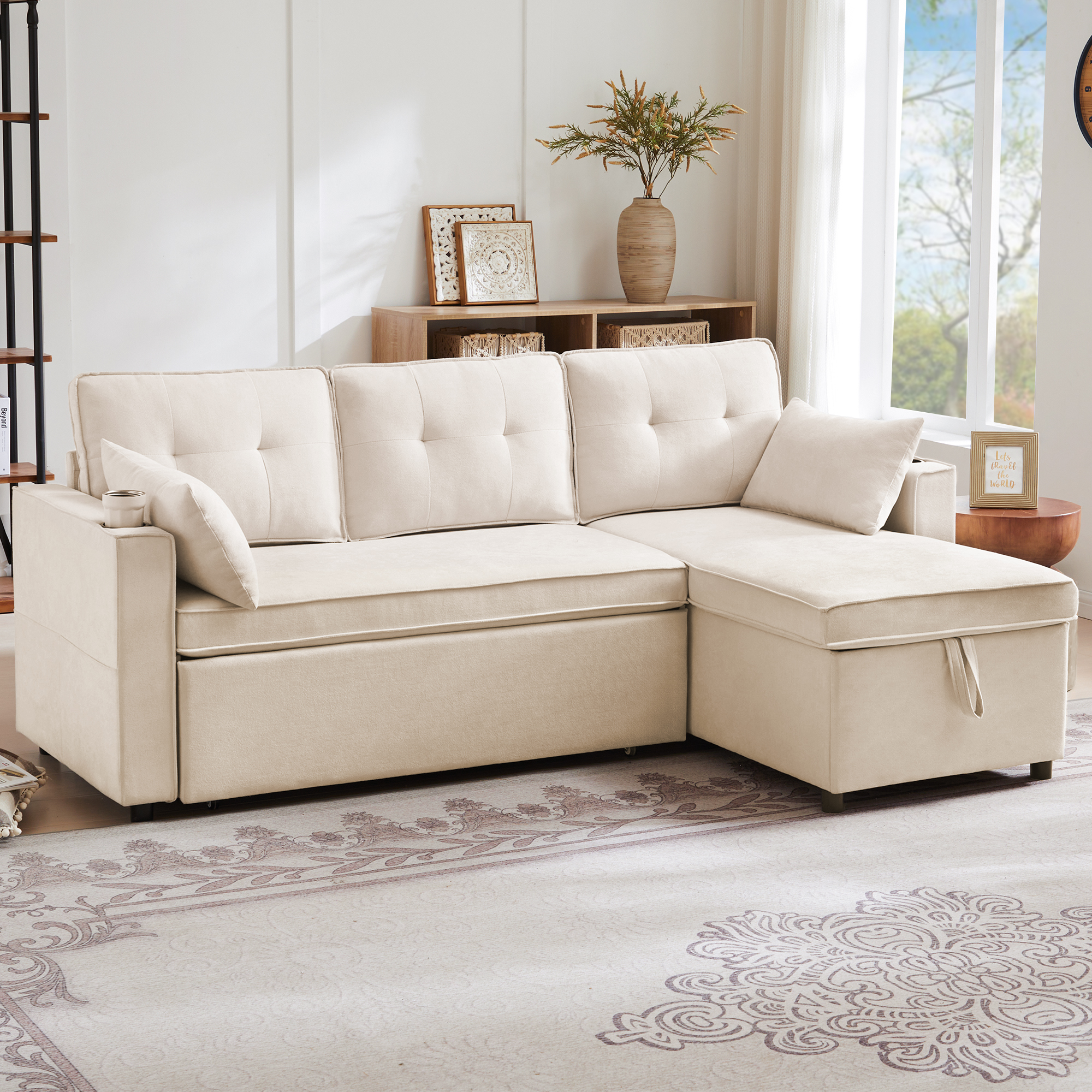 Canapé convertible 3 places beige en tissu aspect lin avec structure en bois massif et coffre