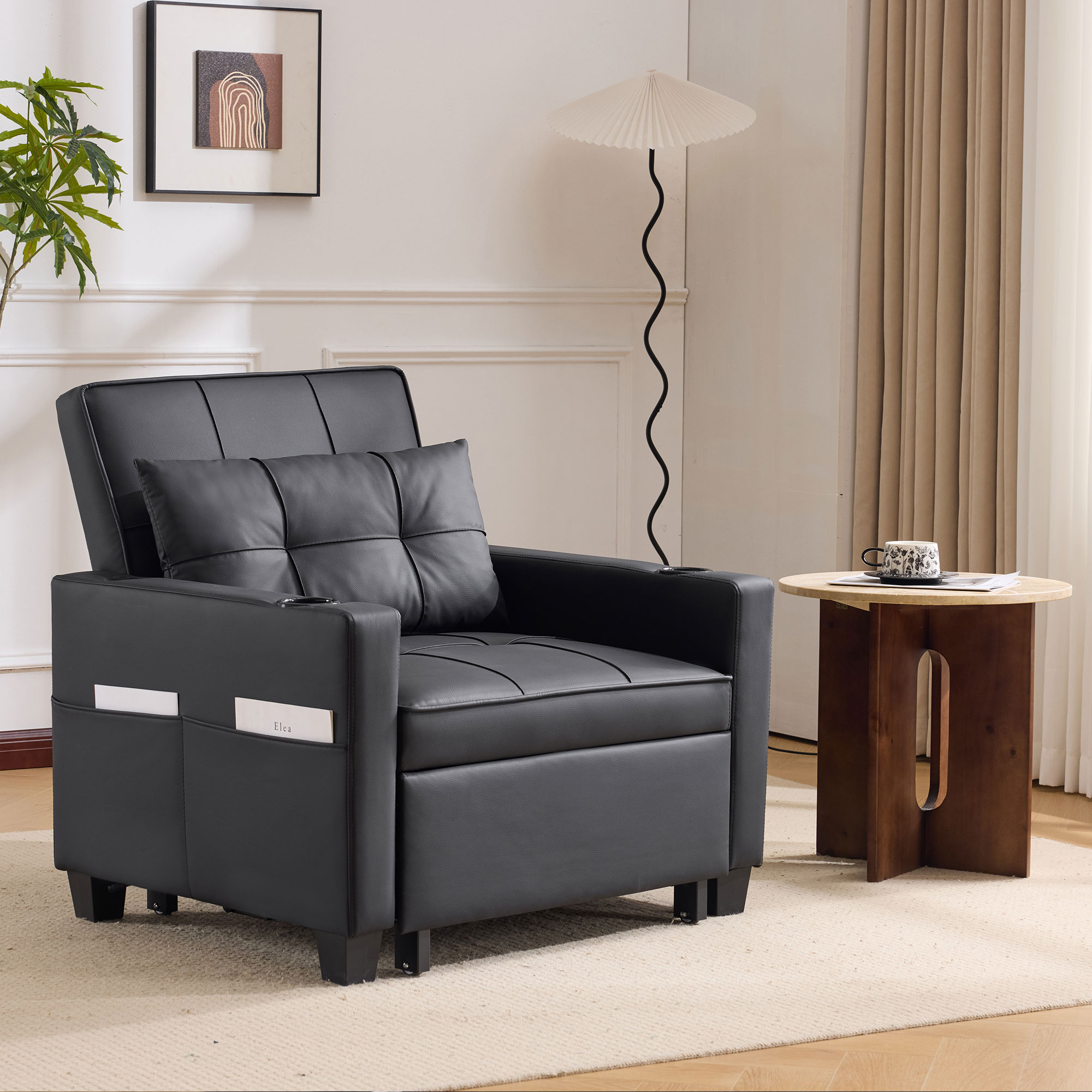 Fauteuil Convertible Noir Simili Cuir - Structure Renforcée Acier et Bois Massif, Dimensions 74x87x84 cm, Design Moderne
