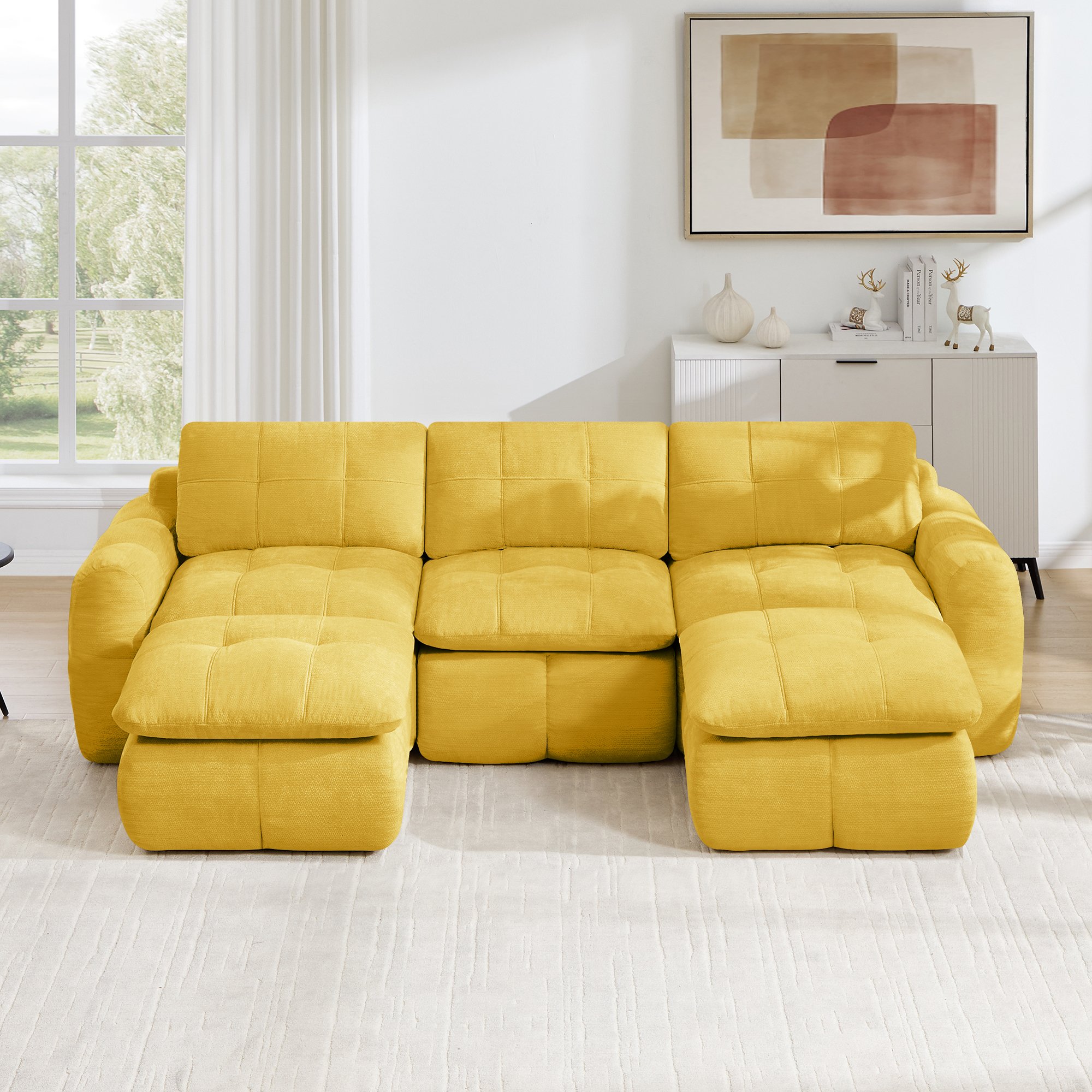 Canapé sans montage jaune chenille, confort nuageux mousse 32D, modules libres à combiner avec ottomans inclus, idéal petits espaces