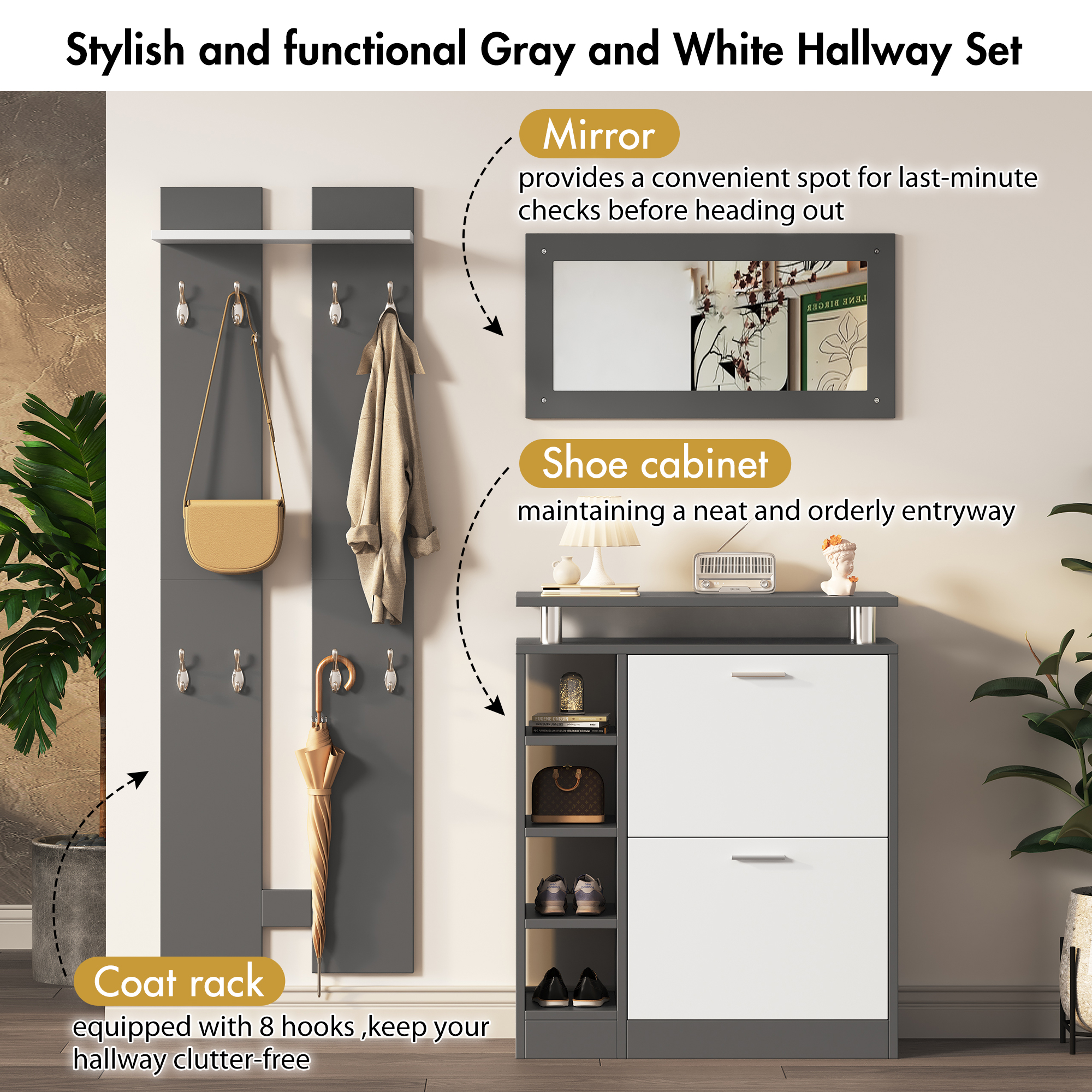 Meuble à chaussures 80x25x96,5 cm avec miroir, ensemble vestiaire entrée moderne gris mat, panneau mural et porte-manteaux