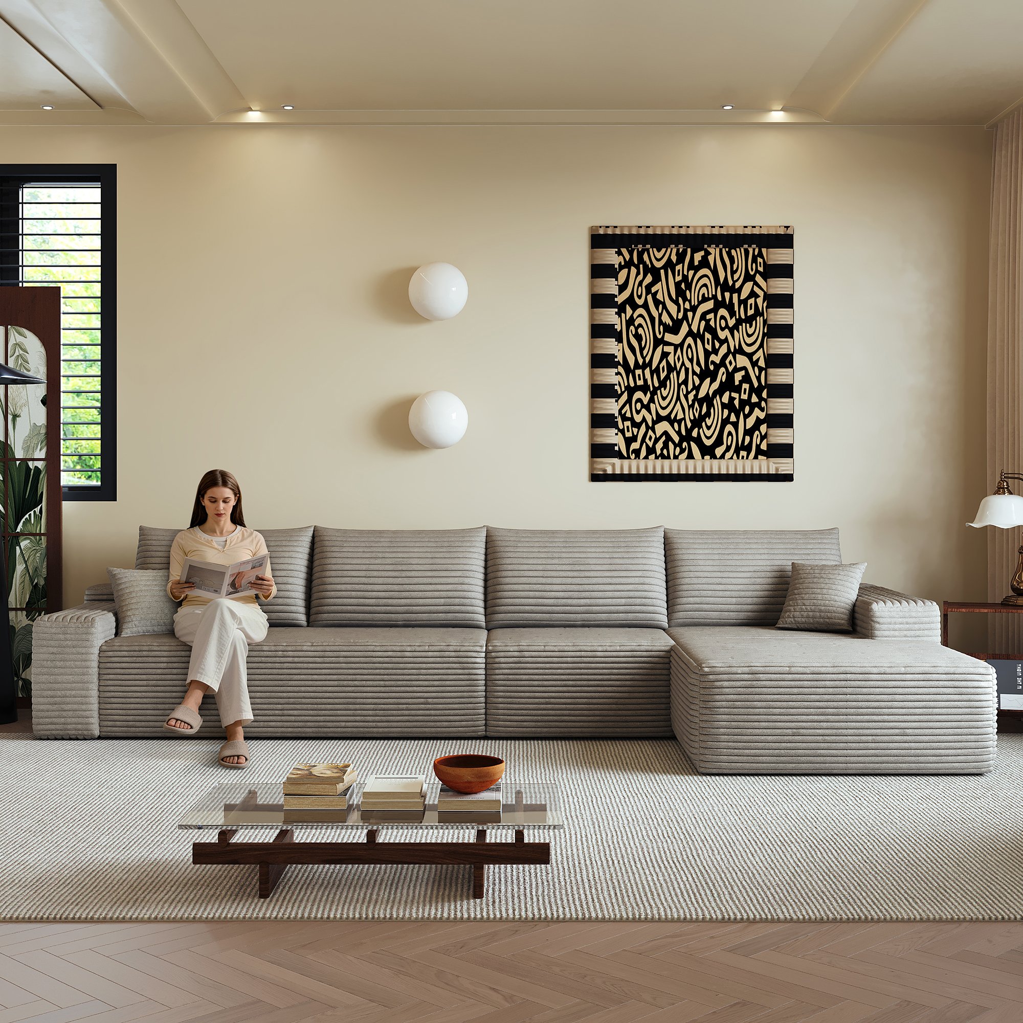Grand canapé d'angle 340x175x83cm couleur camel, rembourrage mousse souple, installation rapide sans outils, idéal pour appartement