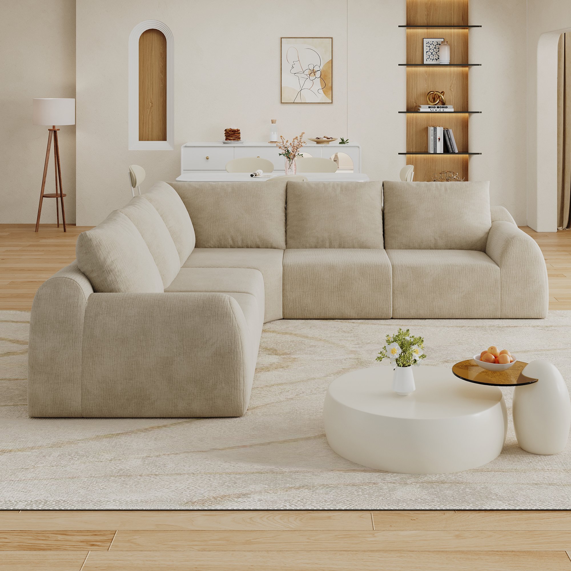 Canapé droit 267x267cm en tissu chenille kaki, mousse haute élasticité, sans montage, livraison compacte pour salon et chambre