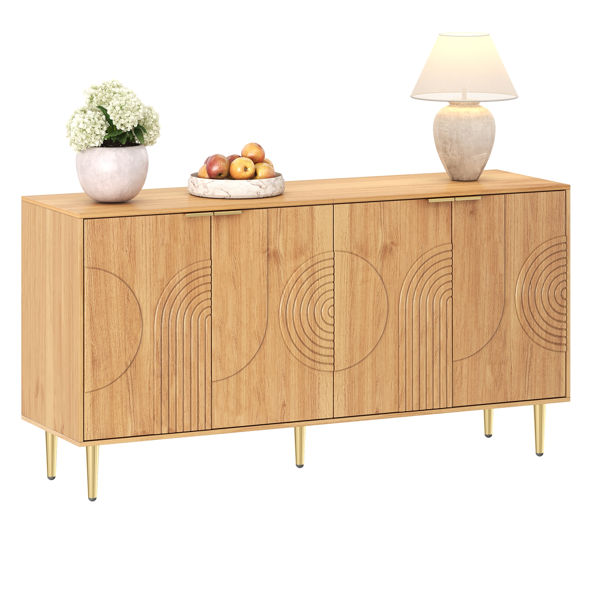 Buffet Contemporain Panneau composite de fibres de bois à densité Naturel 140x40x72 cm 4 Portes Relief Circulaire Étagères Réglables