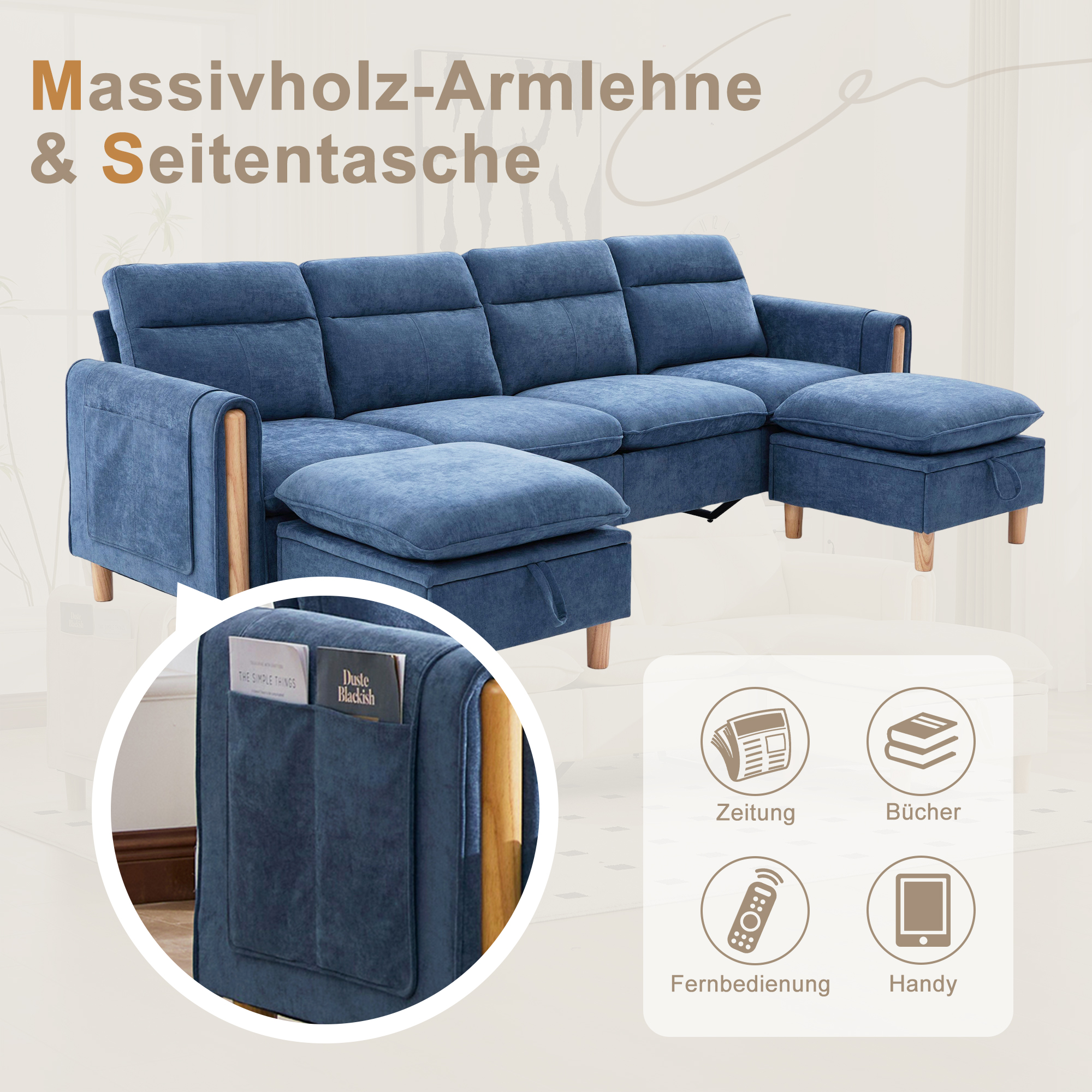 Canapé en U 4 places en chenille bleu avec 2 poufs et rangements intégrés pour le salon familial