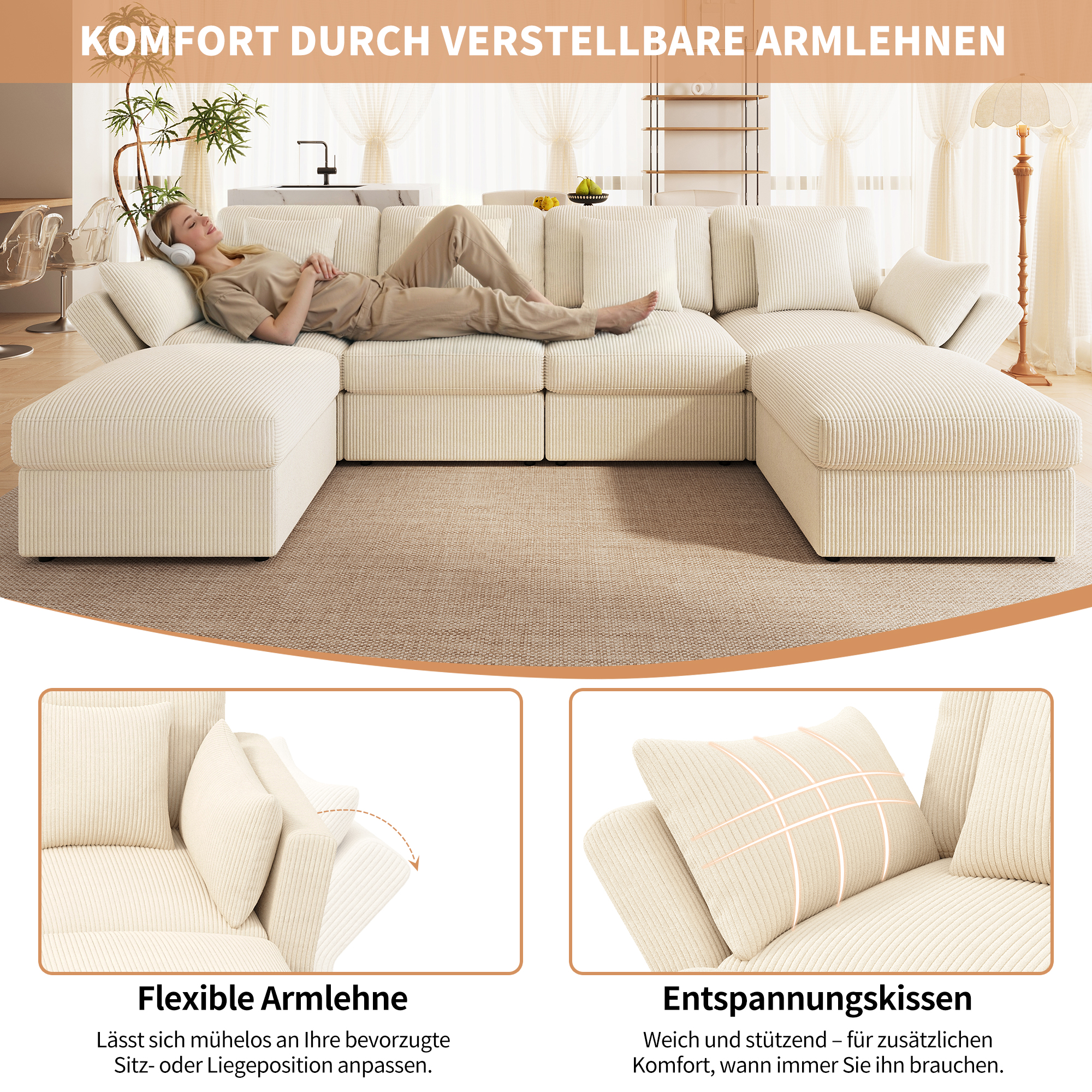 Canapé d'angle 6 places modulable avec accoudoirs réglables, pouf amovible et rangement intégré