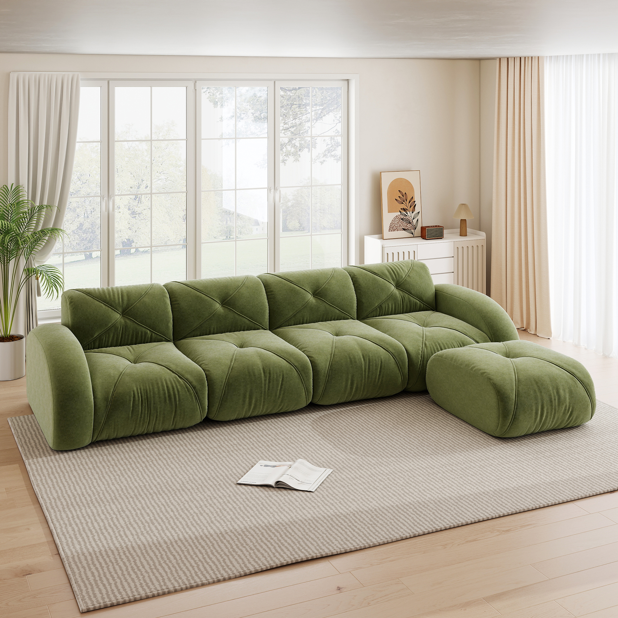 Fauteuil Modulable Canapé D'angle Vert En Tissu Chenille Avec Repose-Pieds Intégré Pour Salon Moderne