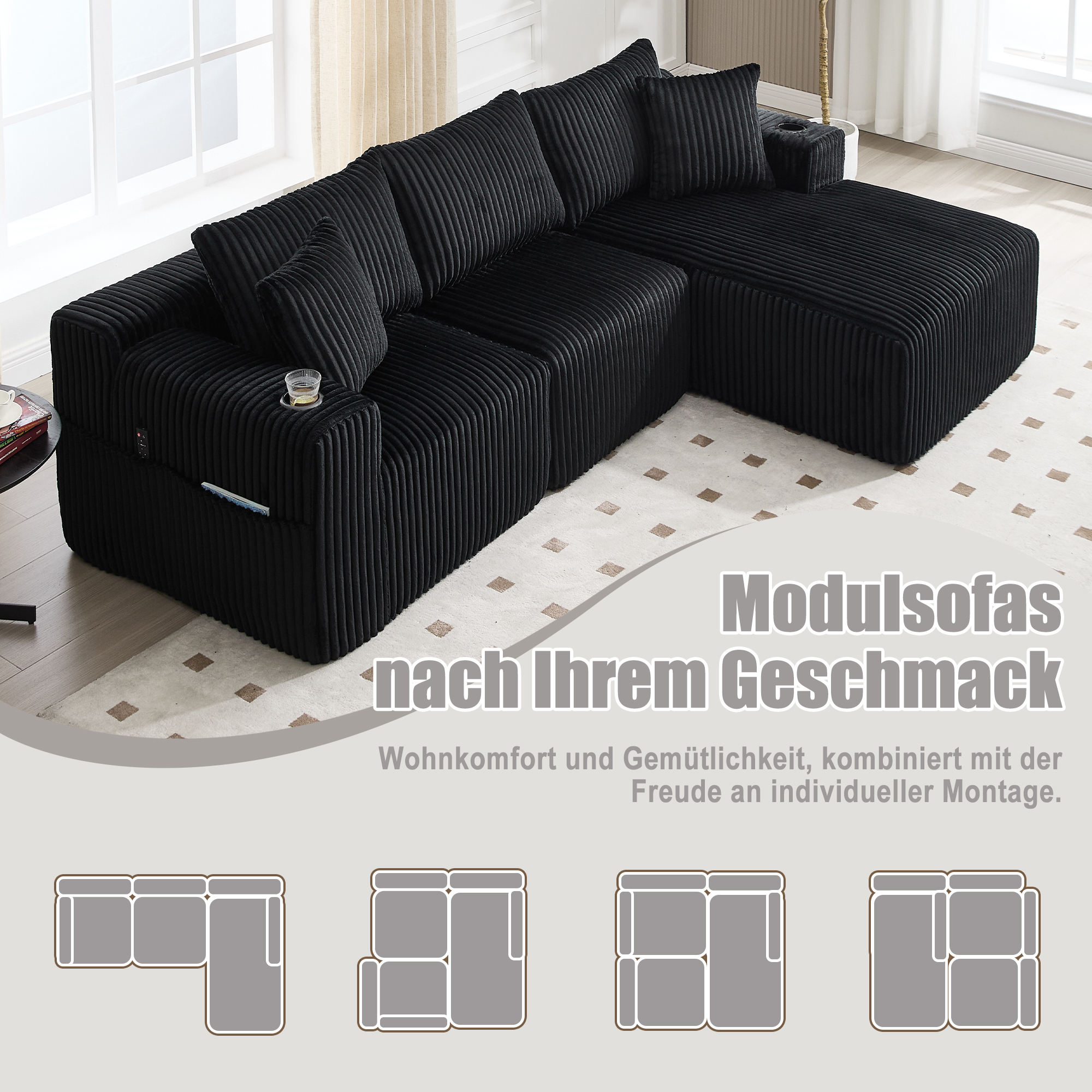 Canapé modulaire avec méridienne 257x160x62 cm 2 places séparables et poches latérales avec porte-gobelets