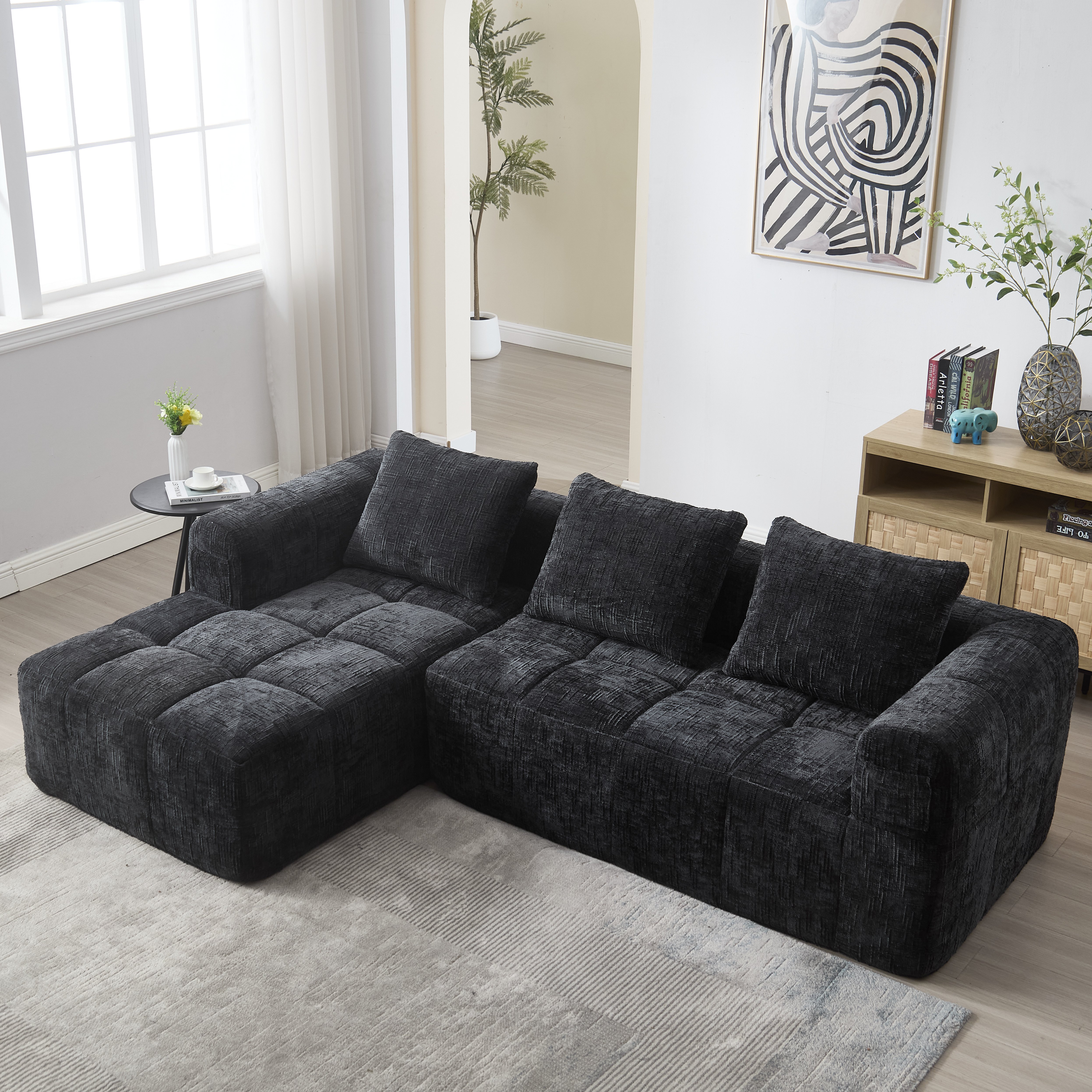 Canapé d'angle 3 places en chenille noir sans installation avec méridienne, 3 coussins et poches latérales