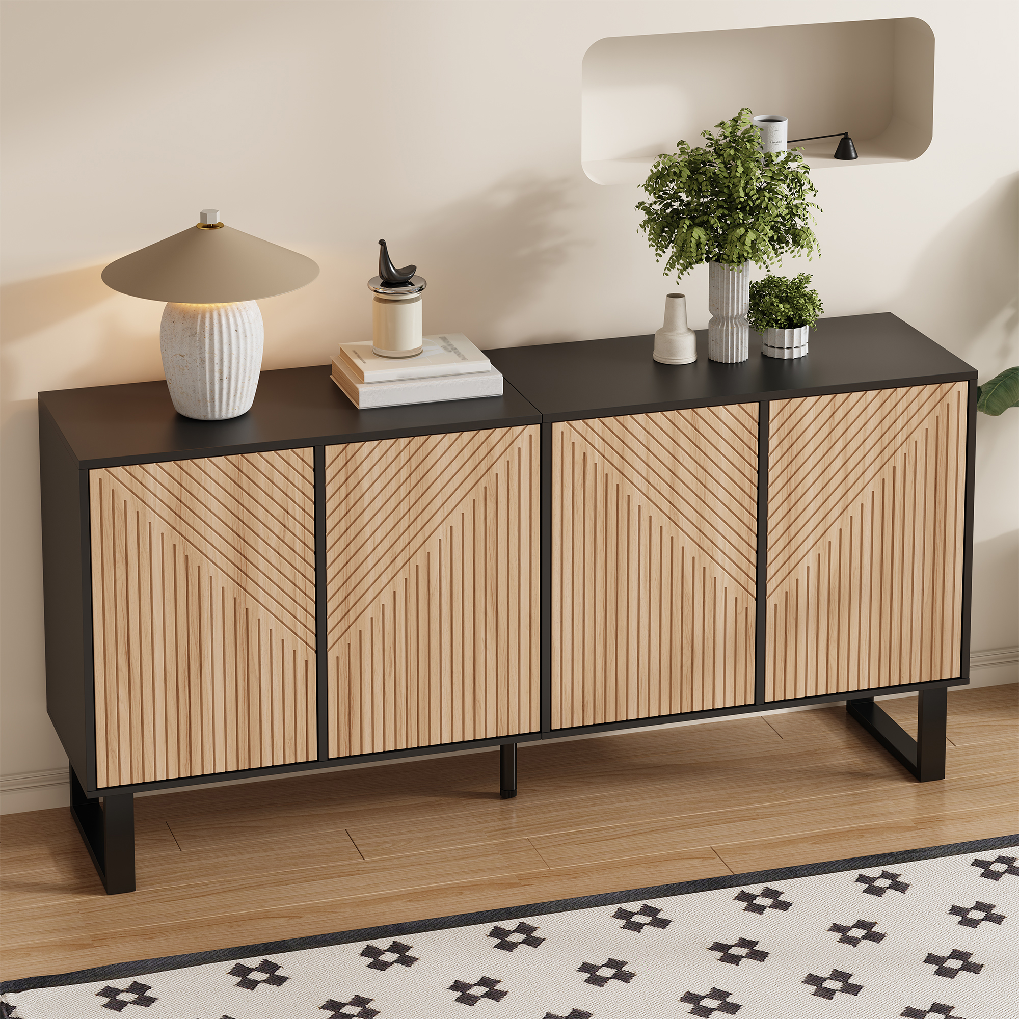 Buffet Entrée Salon avec Grand Rangement, Meuble TV Minimaliste 160 cm, Portes Striées 3D et Étagères Ouvertes