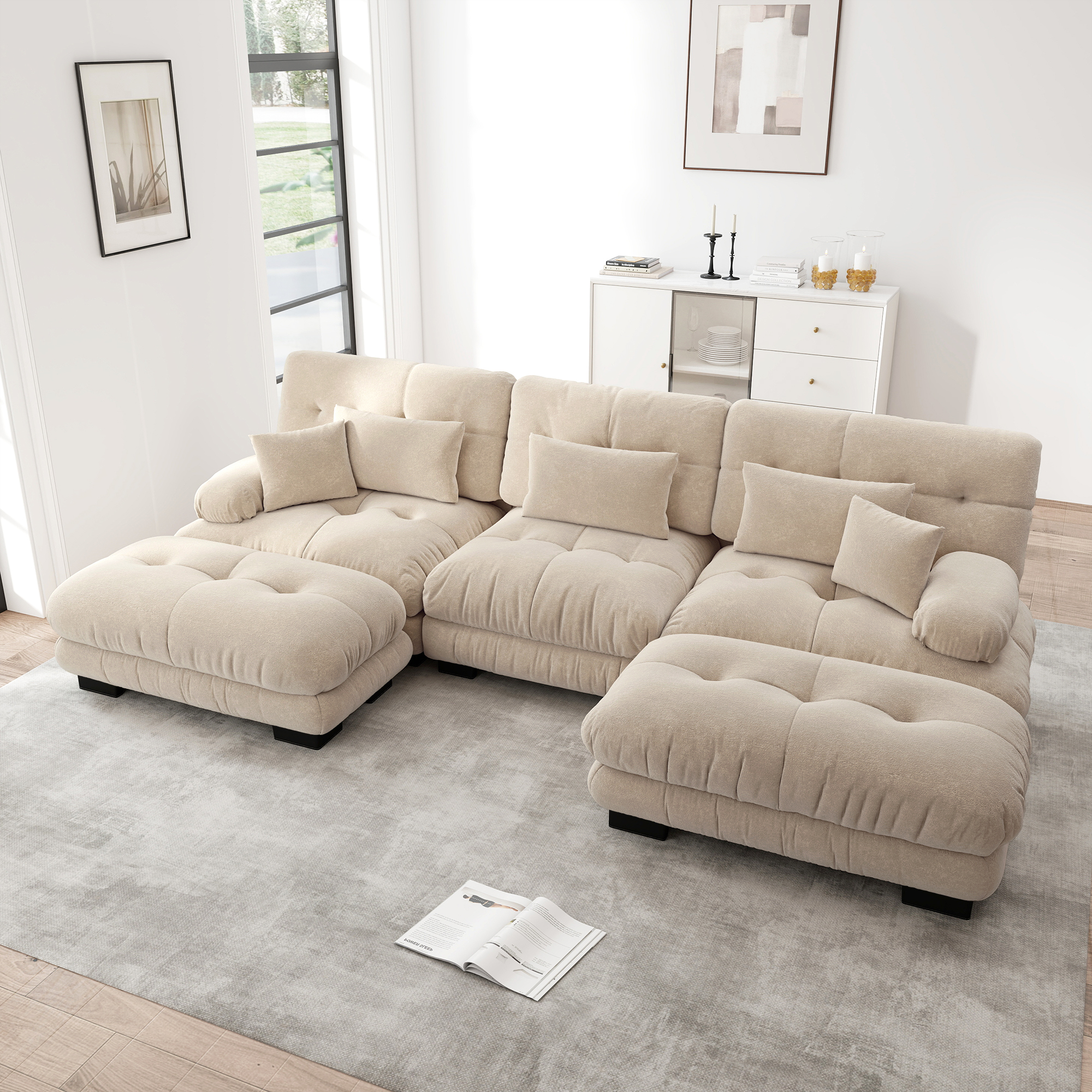 Canapé d'angle modulable en U avec ottomans et LED, configuration U, L ou droite en chenille café clair
