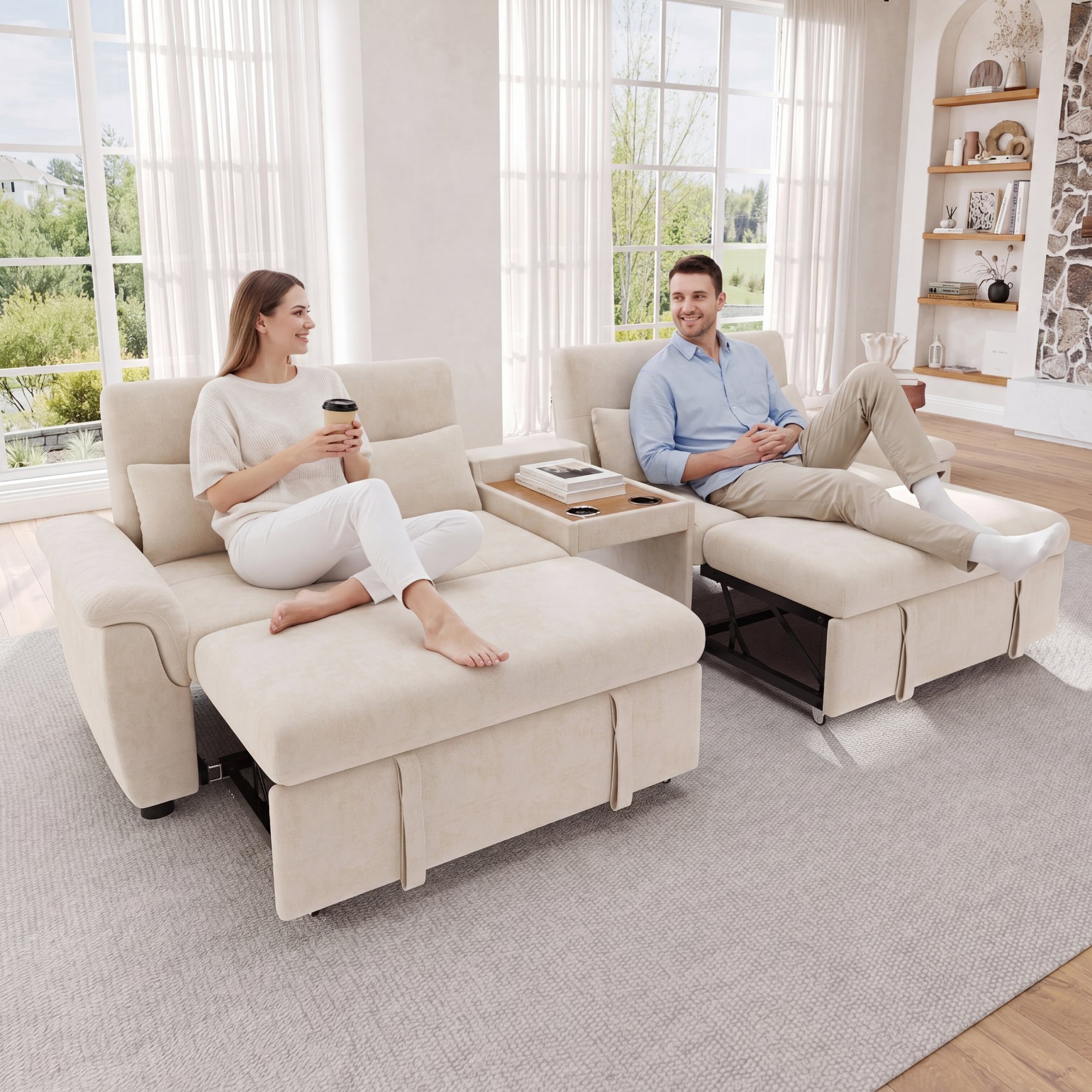 Canapé-lit en U beige chenille 284x138cm avec double couchage extensible, dossier réglable et espace domestiques