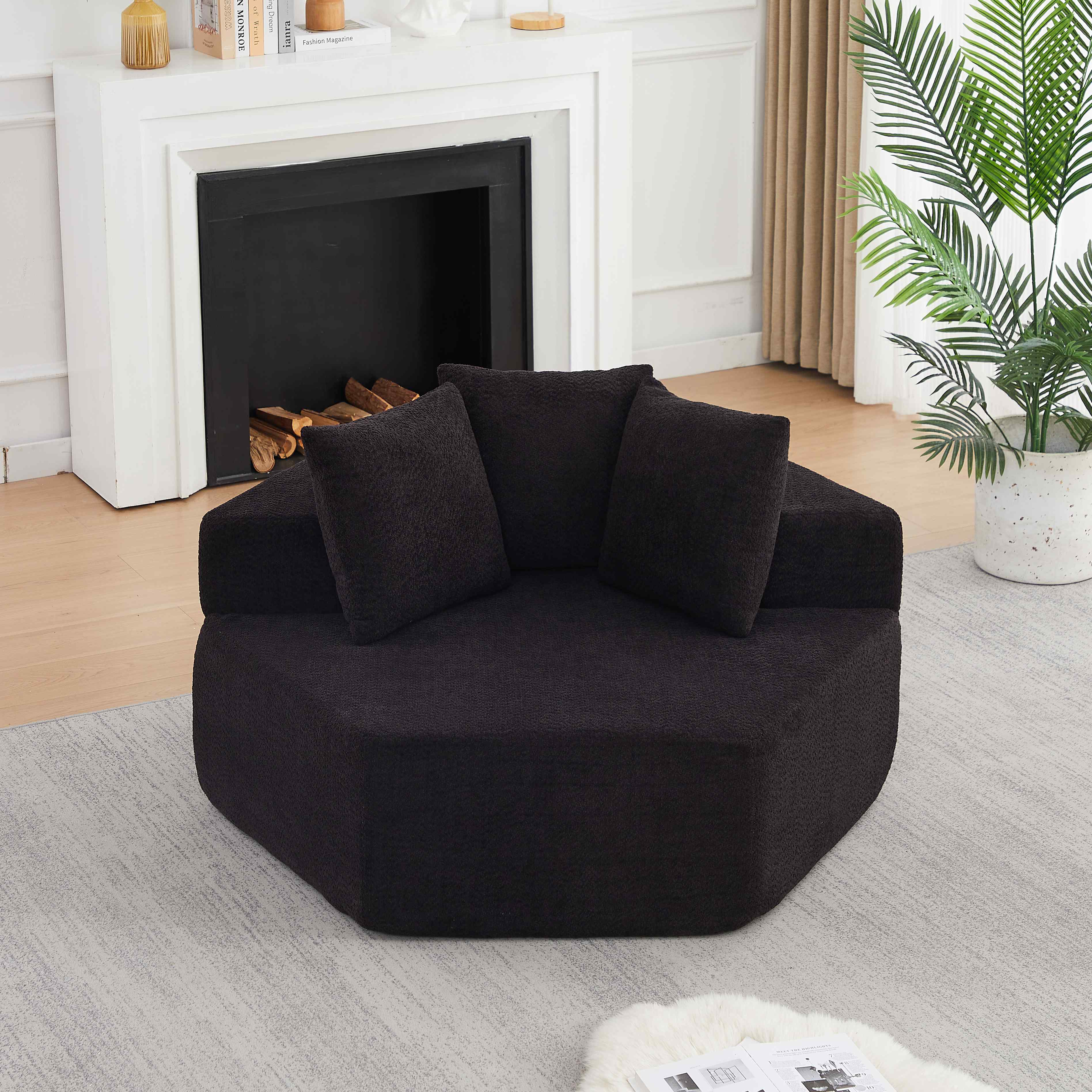 Fauteuil hexagonal en tissu chenille bouclé noir, rembourrage mousse et ressorts, poids 21,5 kg, style contemporain