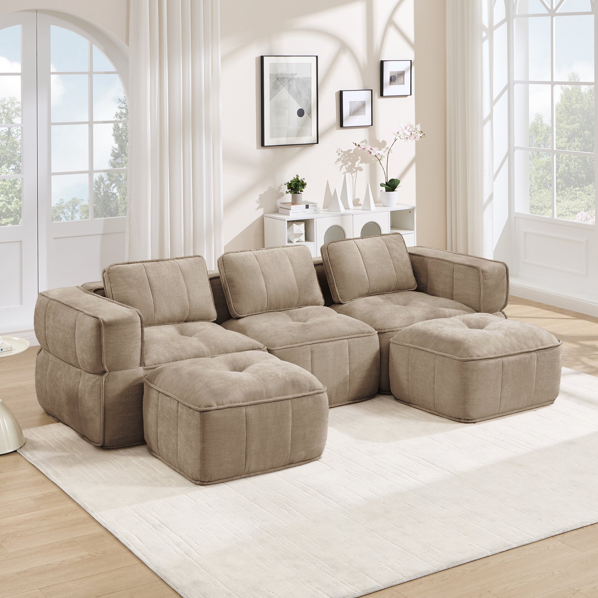 Canapé modulable 3 places sans cadre en mousse haute densité, tissu polyester sable, assise profonde, idéal salon moderne