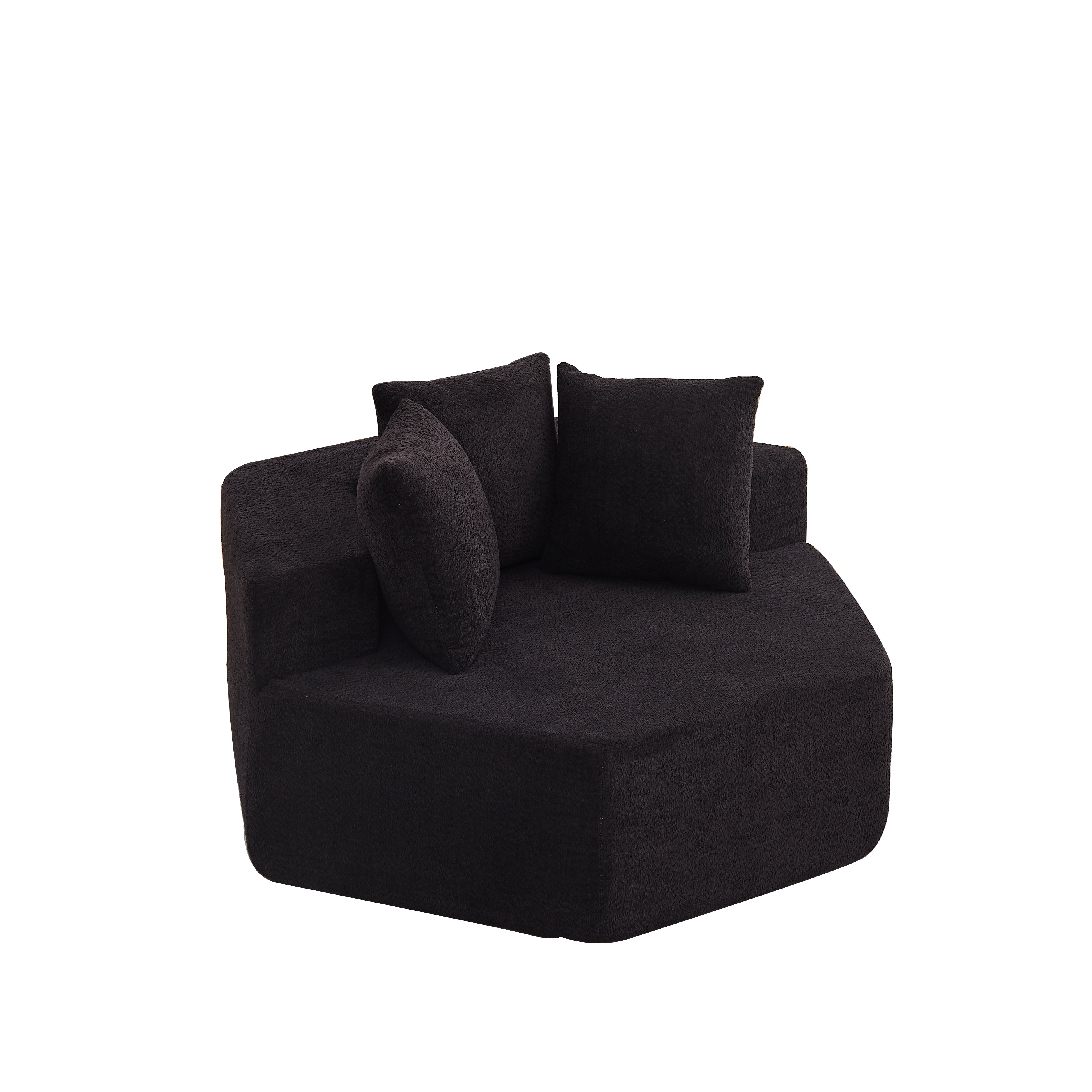 Fauteuil hexagonal en tissu chenille bouclé noir, rembourrage mousse et ressorts, poids 21,5 kg, style contemporain