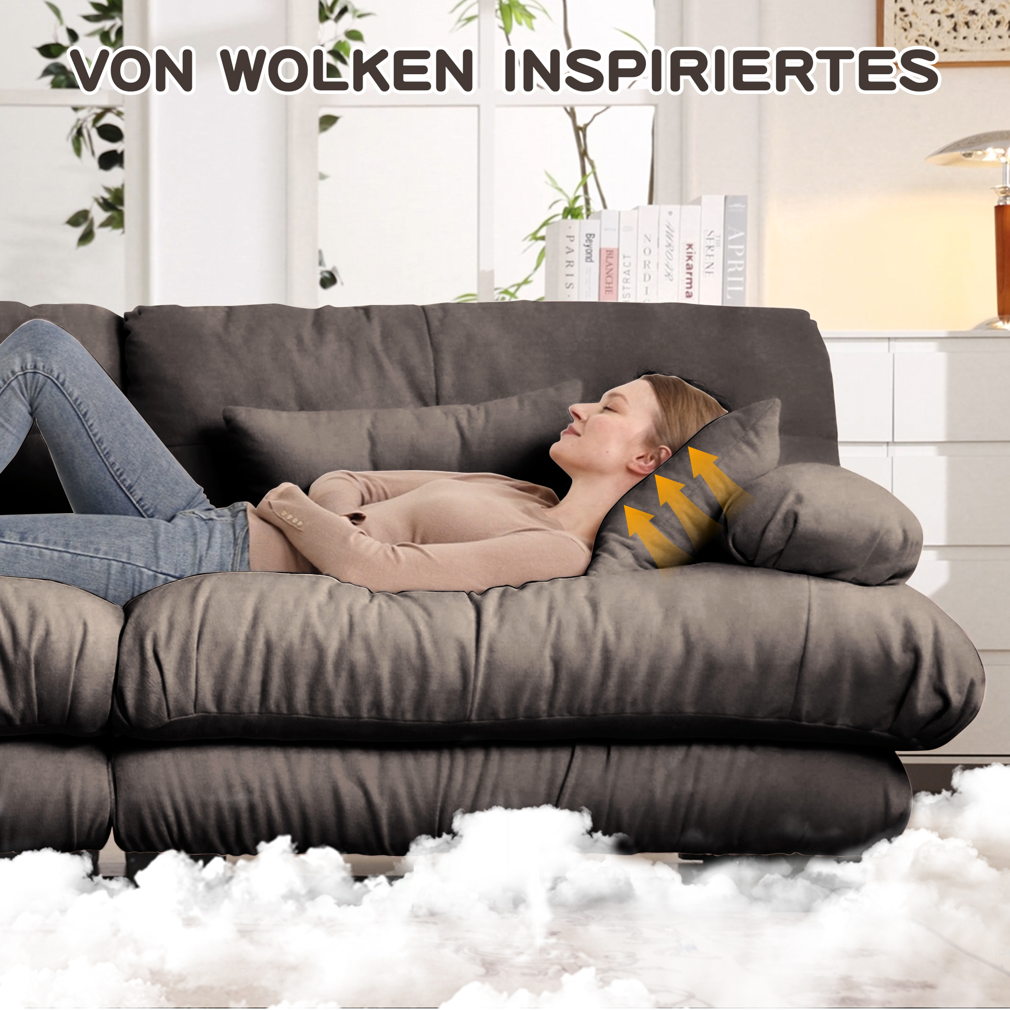 Canapé Modulable 4 Places Avec Ottoman Mobile, Coussins Cloud Sans Ressorts Mousse Élastique, Design Contemporain