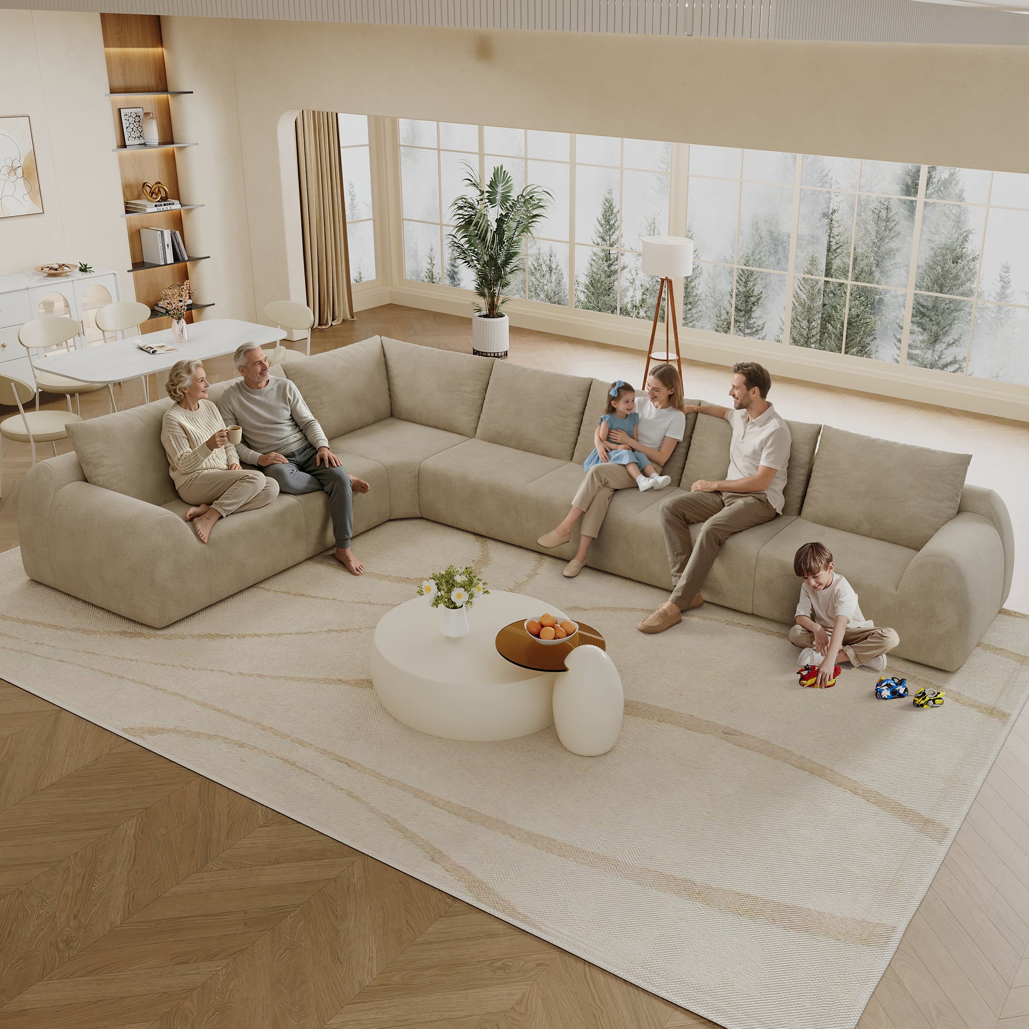 Canapé droit 401x267x85 cm en tissu chenille kaki avec mousse haute élasticité, structure sans montage pour salon et chambre