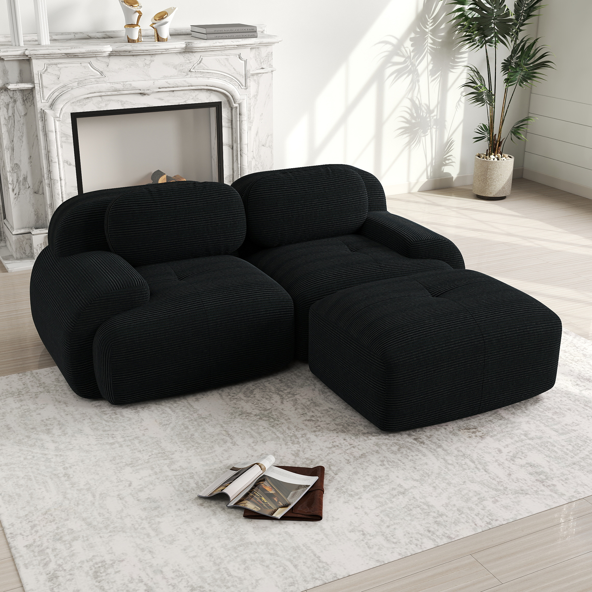 Canapé d'angle modulable sans montage, mousse 32D haute densité, velours côtelé noir, 208x178x70 cm