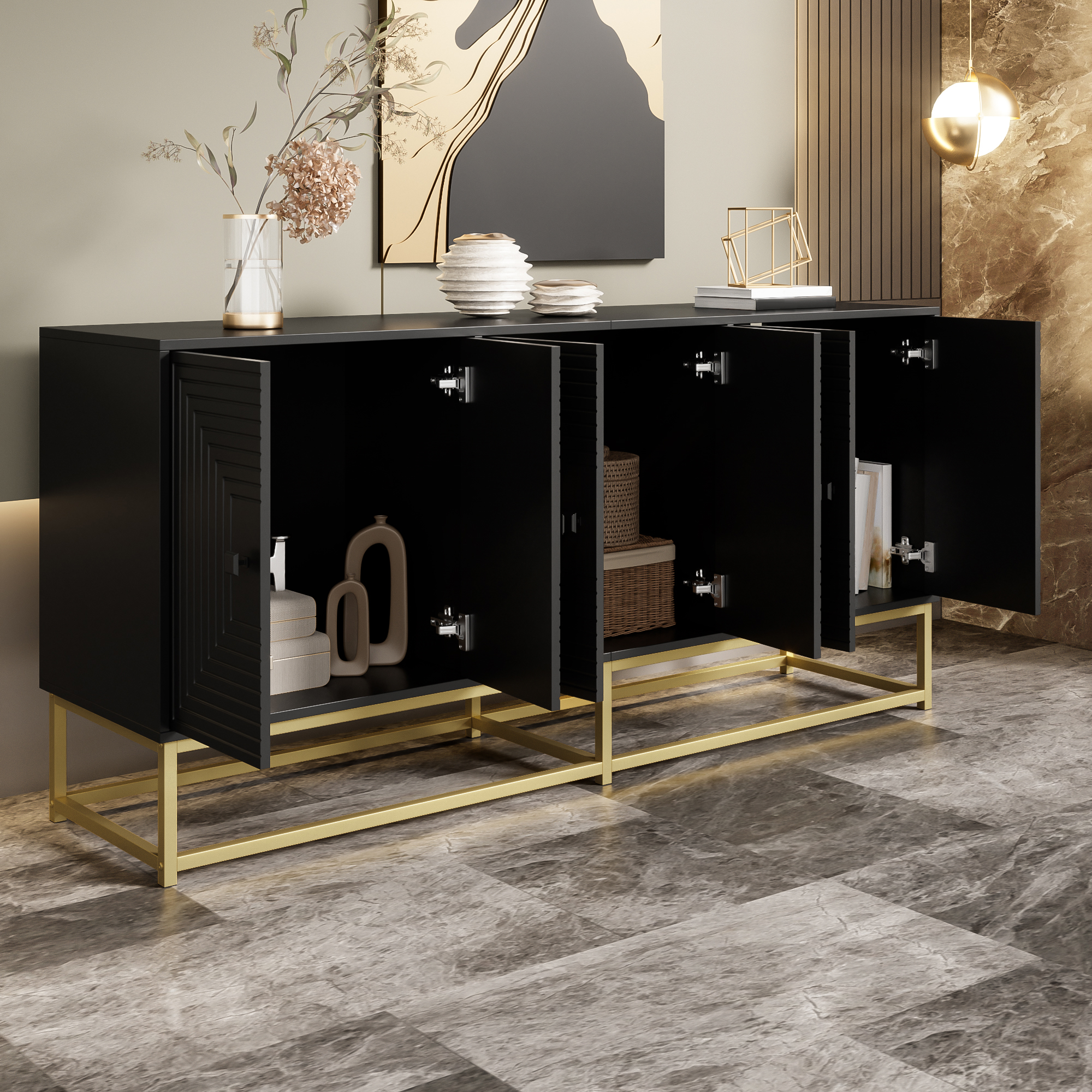 Buffet Noir Mat Panneau de Particules avec 3 Grandes Portes Sans Tiroirs Meuble de Rangement Salon Moderne 160x38x75,5 cm