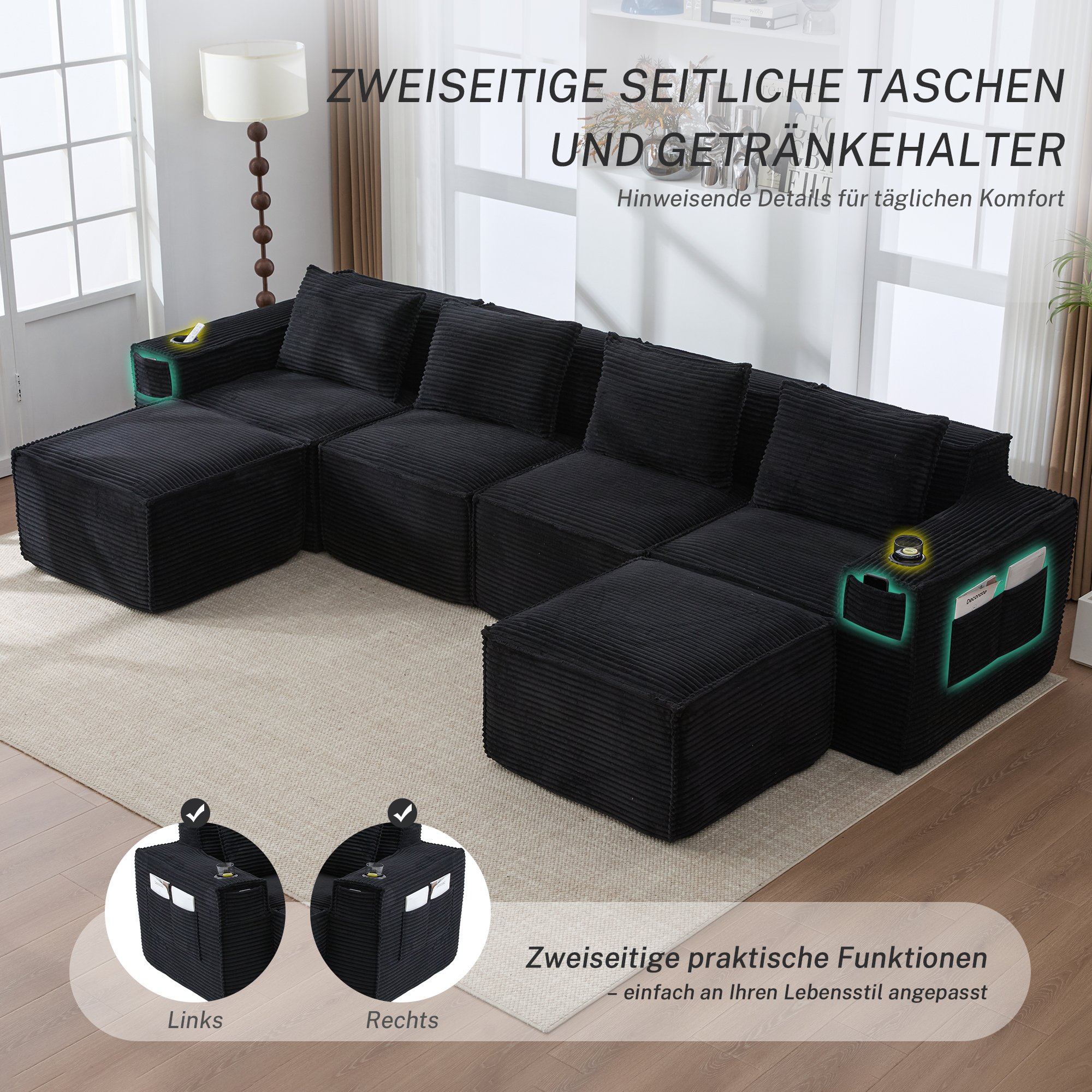 Canapé Modulable Noir Corduroy 4 Places avec 2 Poufs, Porte-Gobelets et Poches de Rangement, Mousse Haute Densité et Ressorts pour Salon ou Appartement Compact