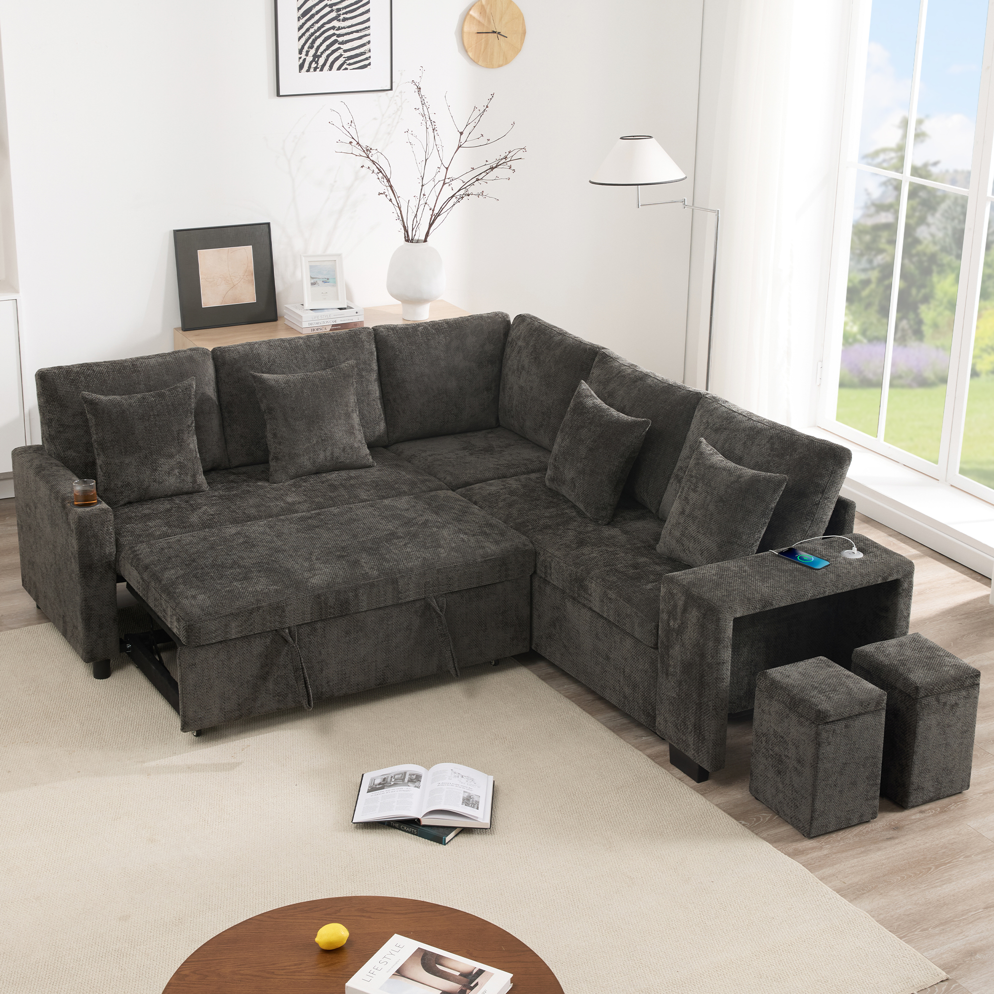 Canapé d'angle convertible 5 places en chenille gris, structure bois massif et coffre de rangement