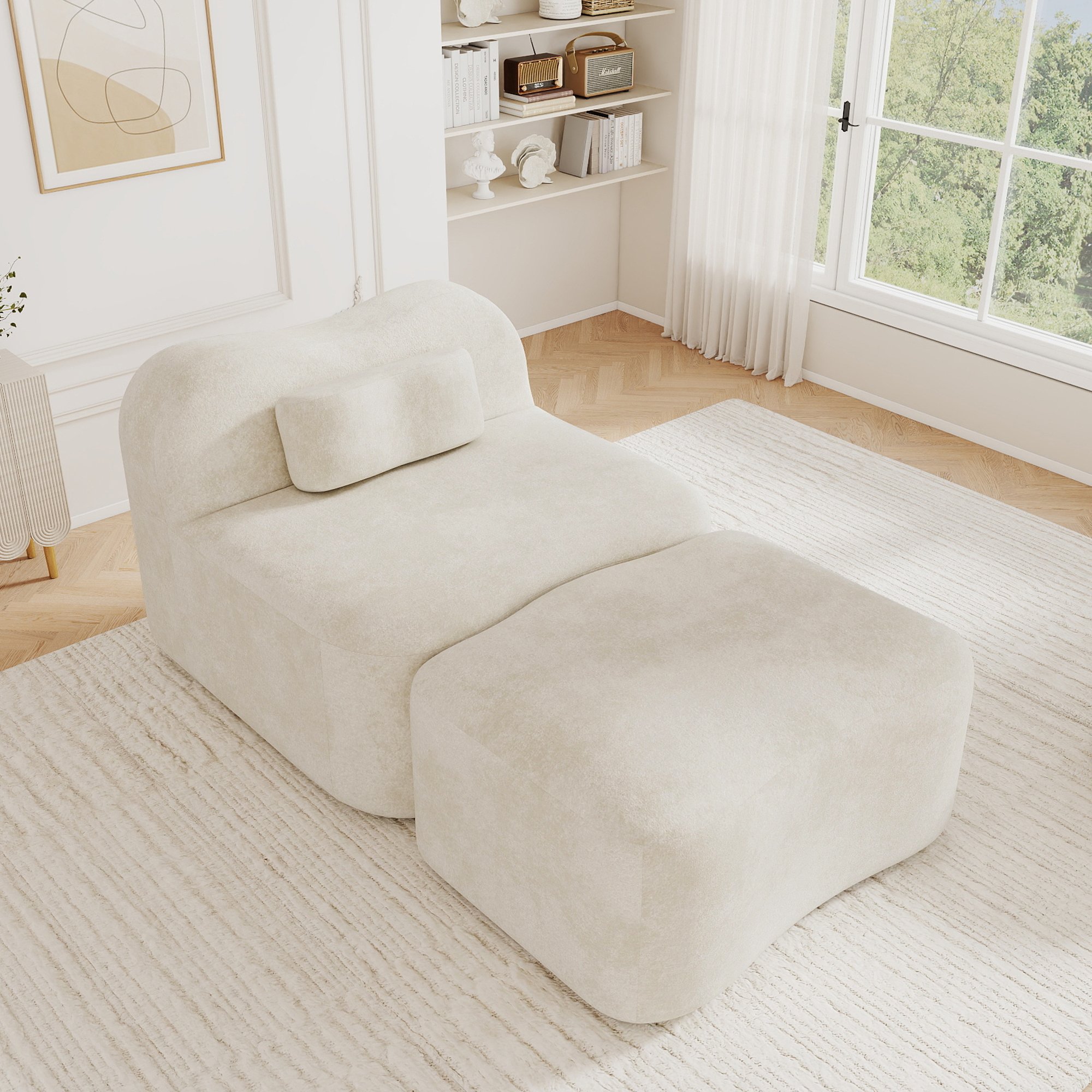 Canapé Confort Mousse Haute Densité 32D avec Pouf Intégré, Structure Sans Cadre Flexible et Ergonomique pour Détente Quotidienne