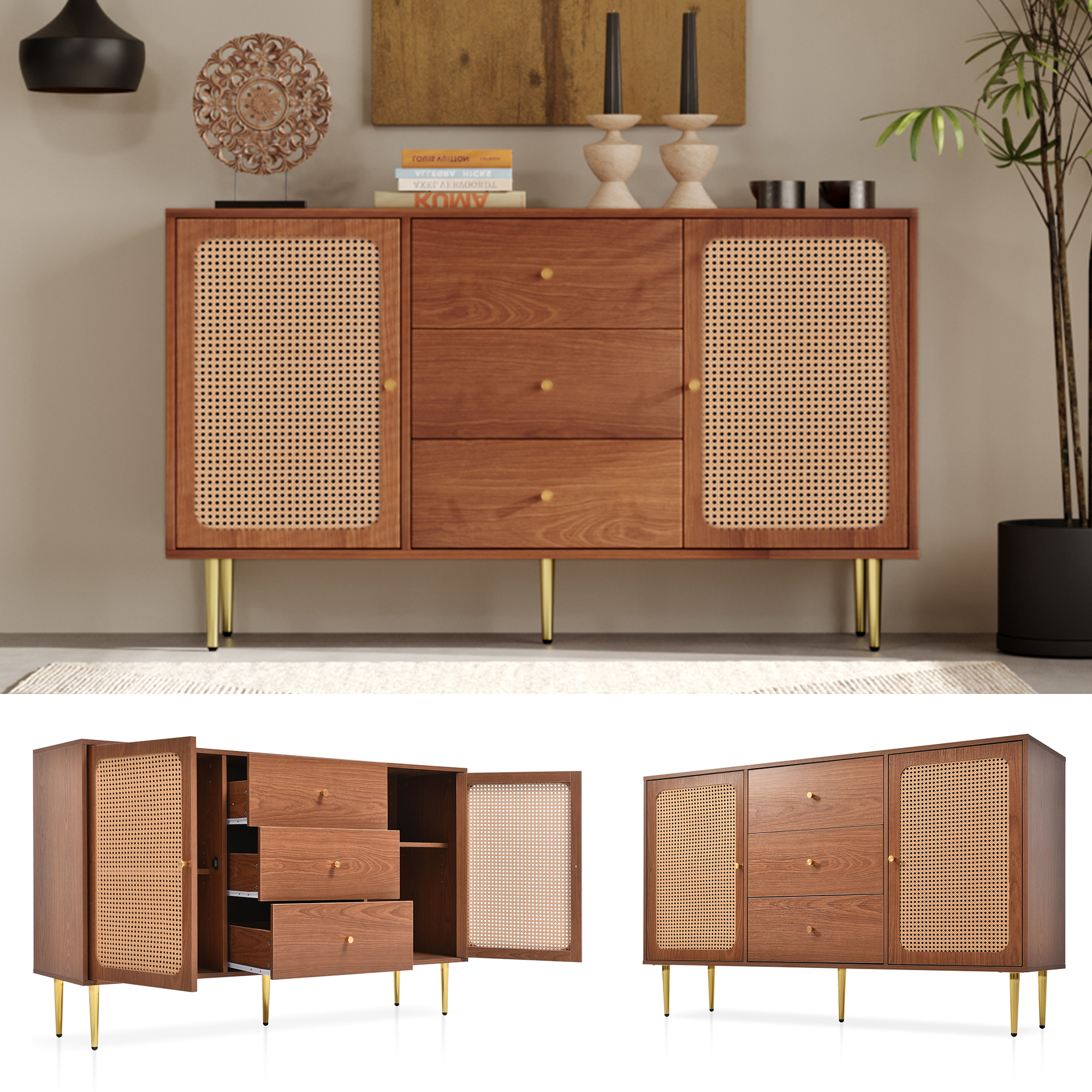 Commode Rangement 2 Portes 3 Tiroirs Étagère Réglable Magnétique Design Industriel pour Salon et Chambre