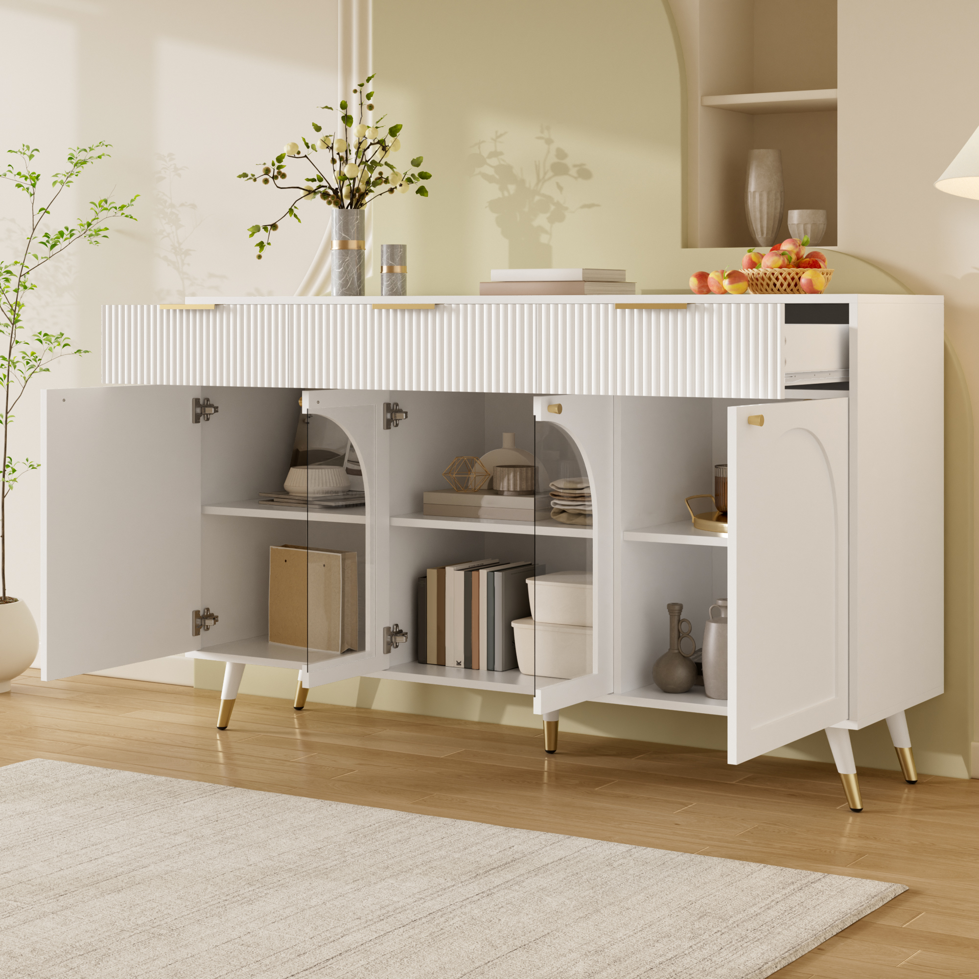 Buffet Rangement avec 4 Portes Acrylique Transparent et 3 Tiroirs, Meuble Bas Organisateur avec Poignées Métal et Pieds Bois
