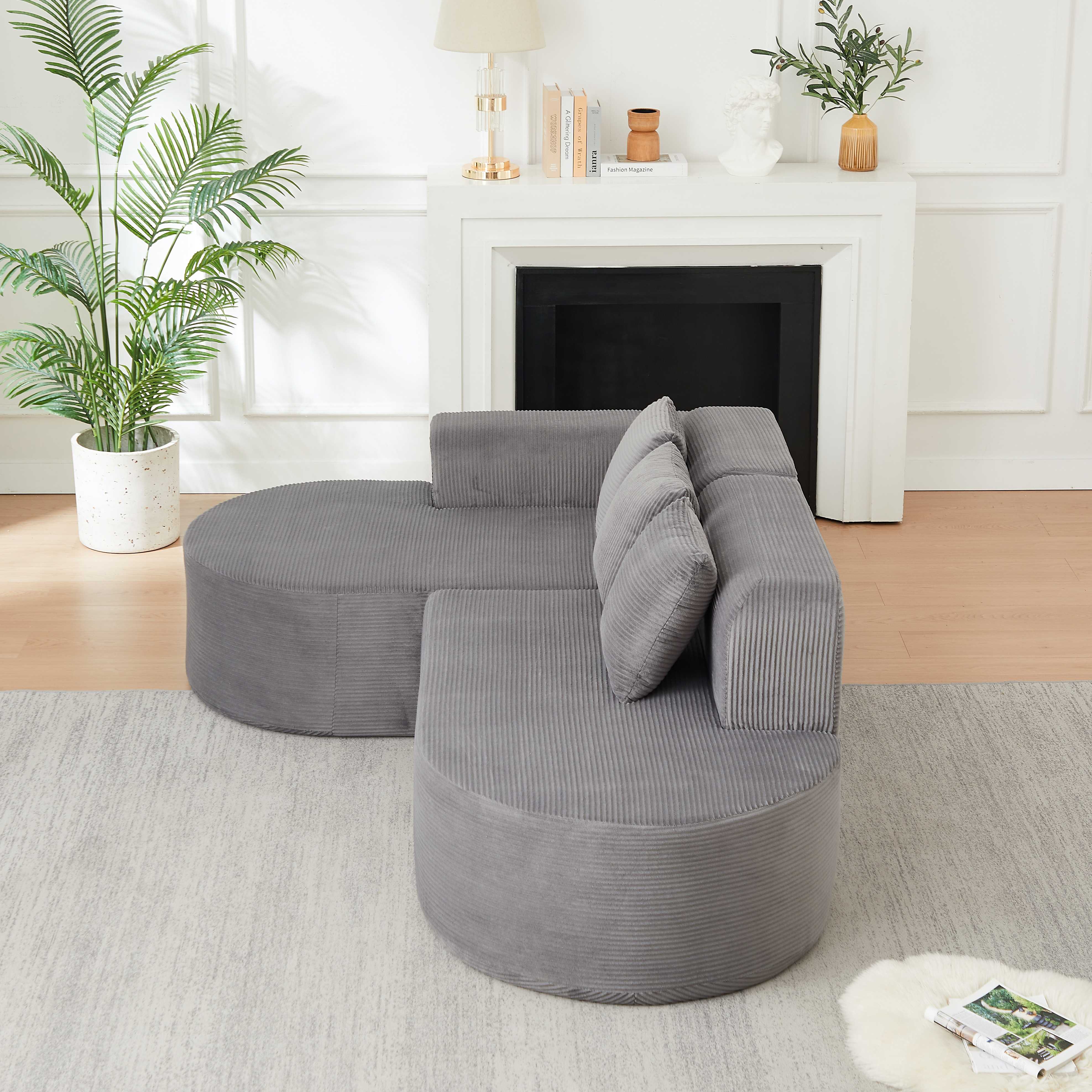 Grand canapé d'angle 220x155cm en velours côtelé gris, format généreux avec dossiers courbes pour espace de vie