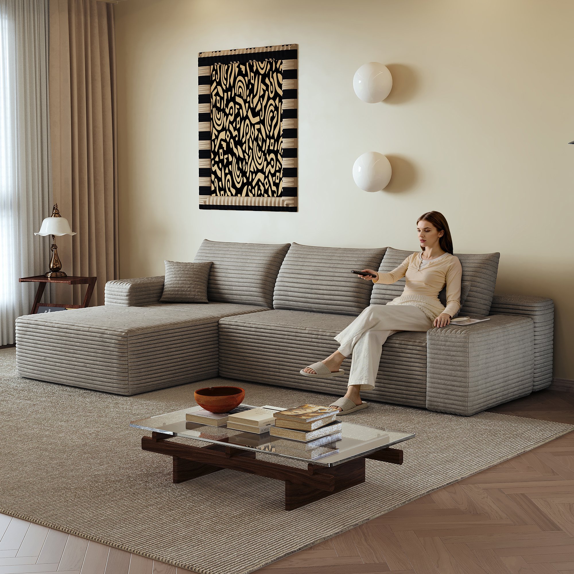 Canapé d'angle en velours côtelé camel, lignes fluides et design contemporain, dimensions 270x175x83cm, rembourrage confortable