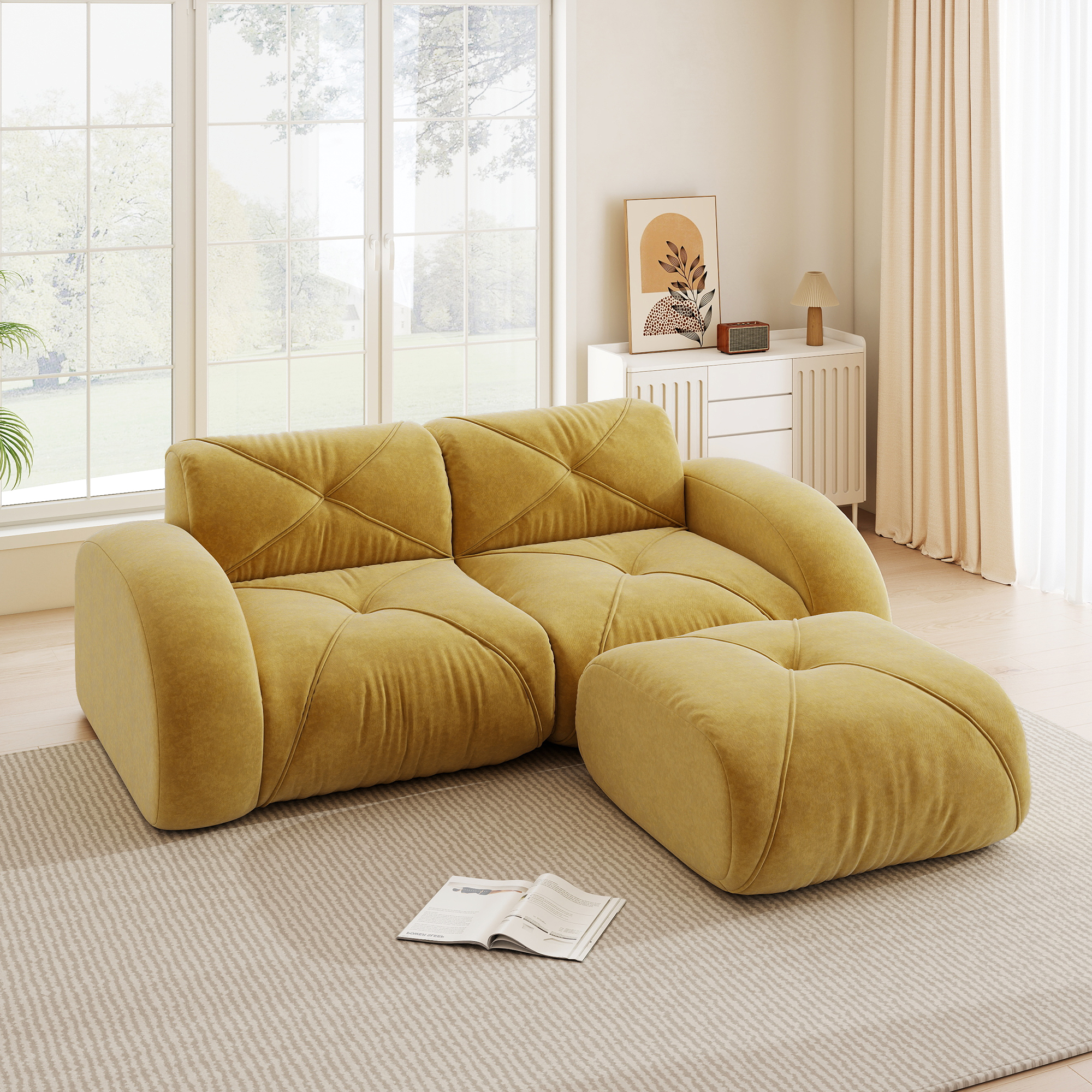 Canapé Modulable 2 Places Avec Pouf, Salon Moderne Sans Dossier En Tissu Chenille Jaune, Confort Doux Pour Pièce Principale