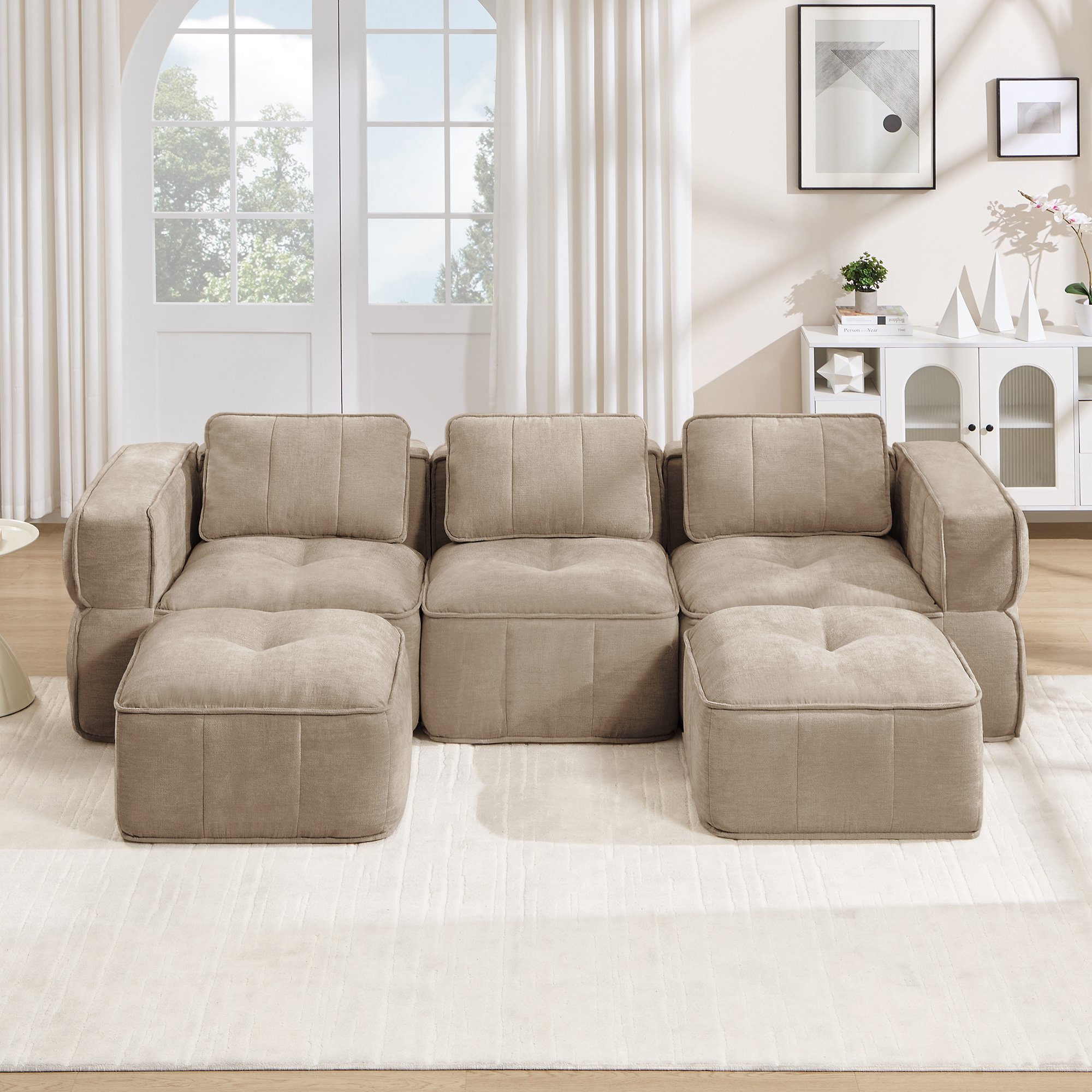 Canapé modulable 3 places sans cadre en mousse haute densité, tissu polyester sable, assise profonde, idéal salon moderne
